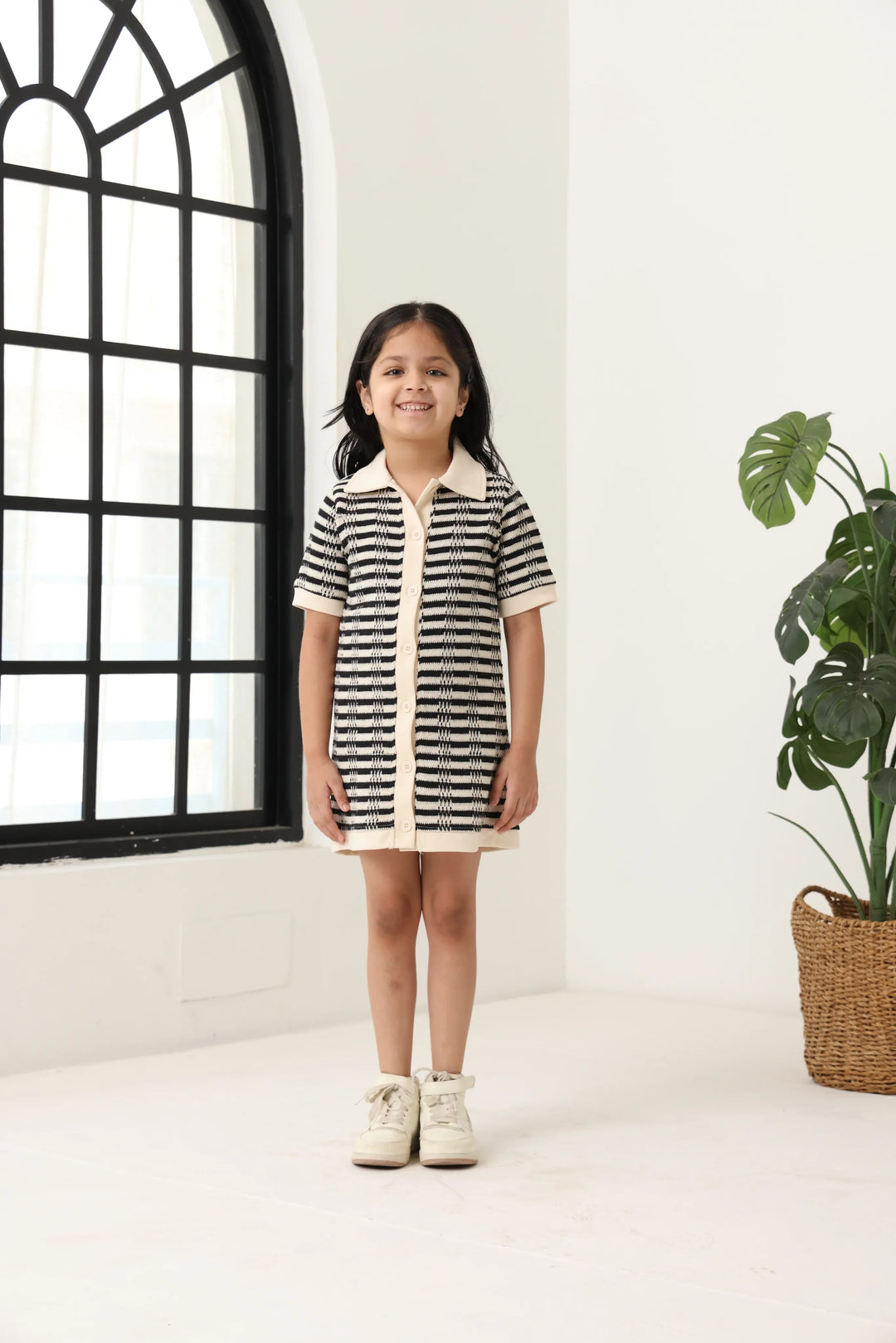 Spunkies Black Girls Crochet Striped Spread Collar Short Sleeves Shirt Dress