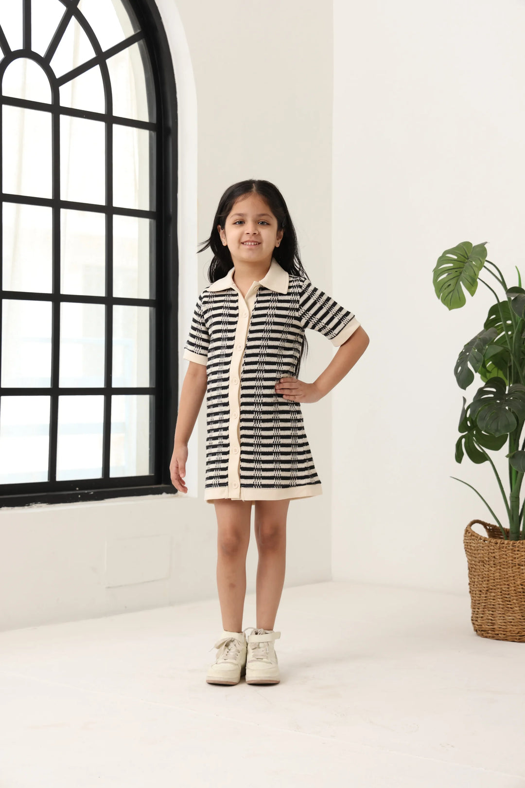 Spunkies Black Girls Crochet Striped Spread Collar Short Sleeves Shirt Dress