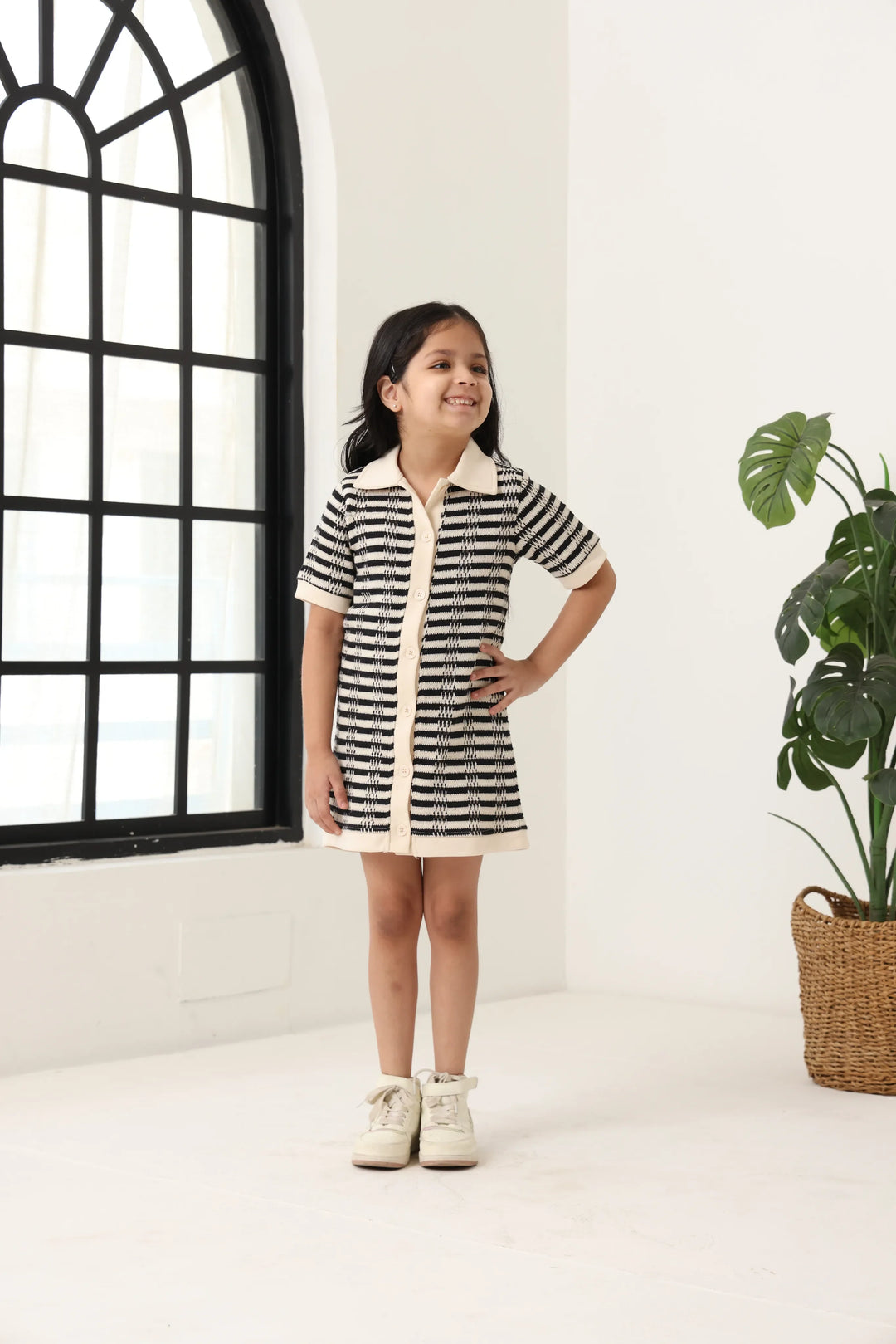 Spunkies Black Girls Crochet Striped Spread Collar Short Sleeves Shirt Dress