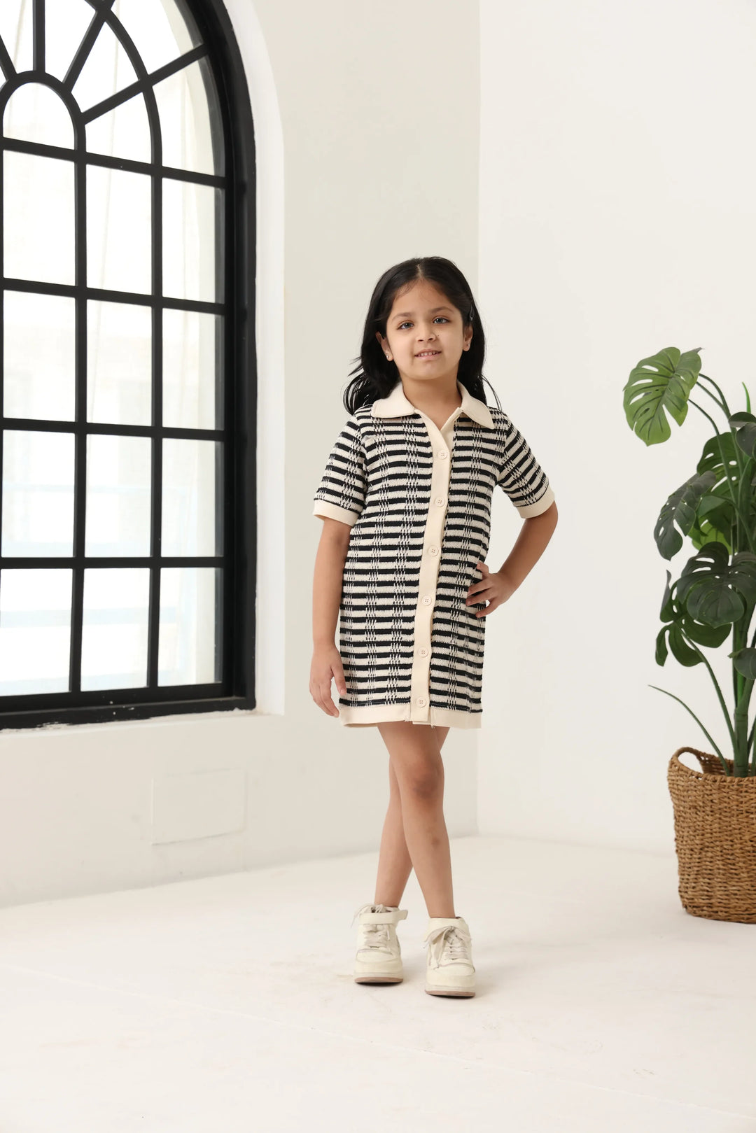 Spunkies Black Girls Crochet Striped Spread Collar Short Sleeves Shirt Dress