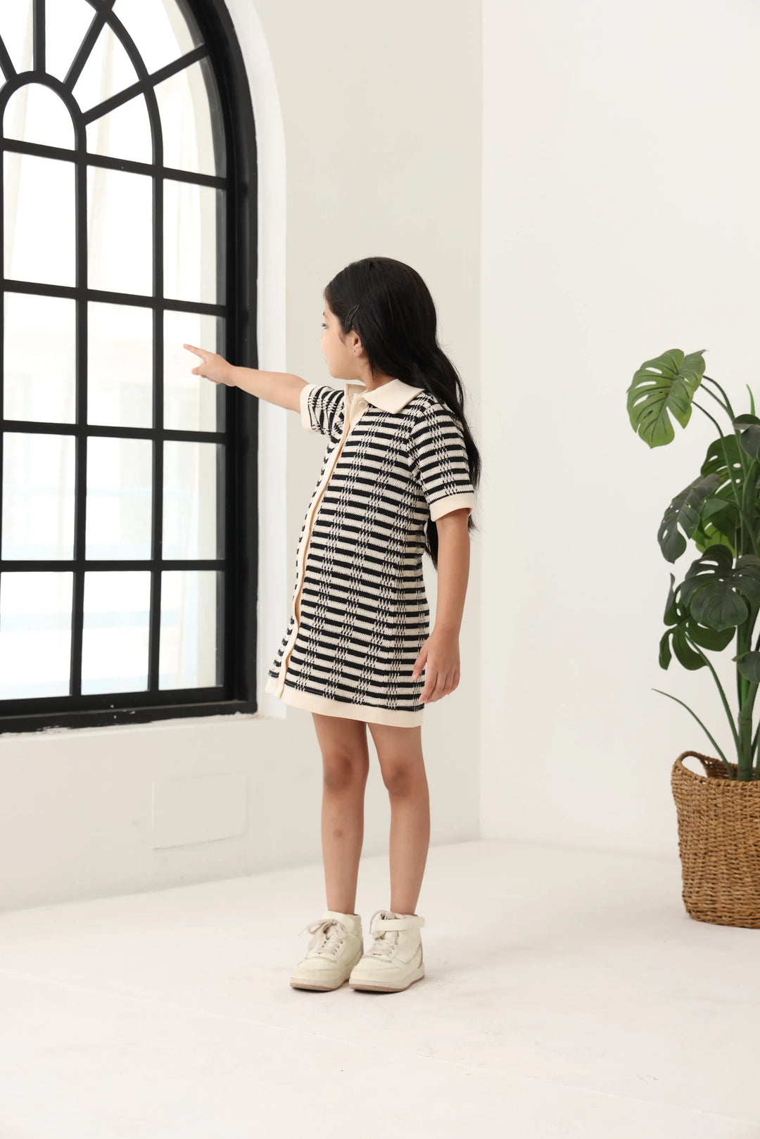 Spunkies Black Girls Crochet Striped Spread Collar Short Sleeves Shirt Dress