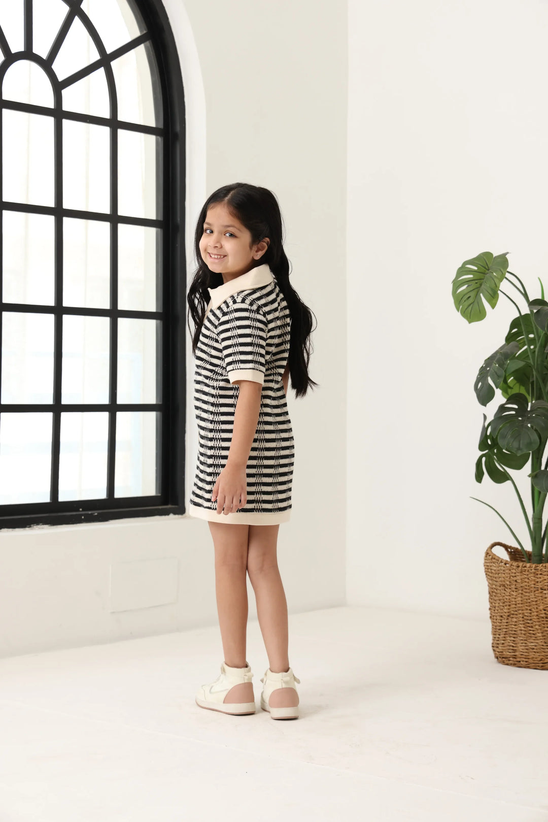 Spunkies Black Girls Crochet Striped Spread Collar Short Sleeves Shirt Dress