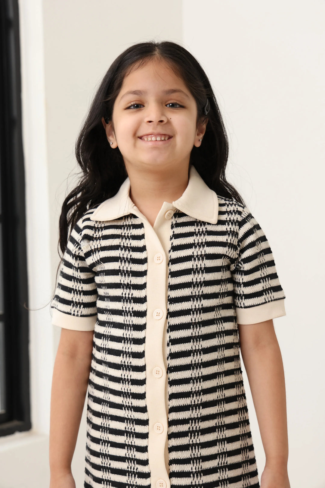 Spunkies Black Girls Crochet Striped Spread Collar Short Sleeves Shirt Dress