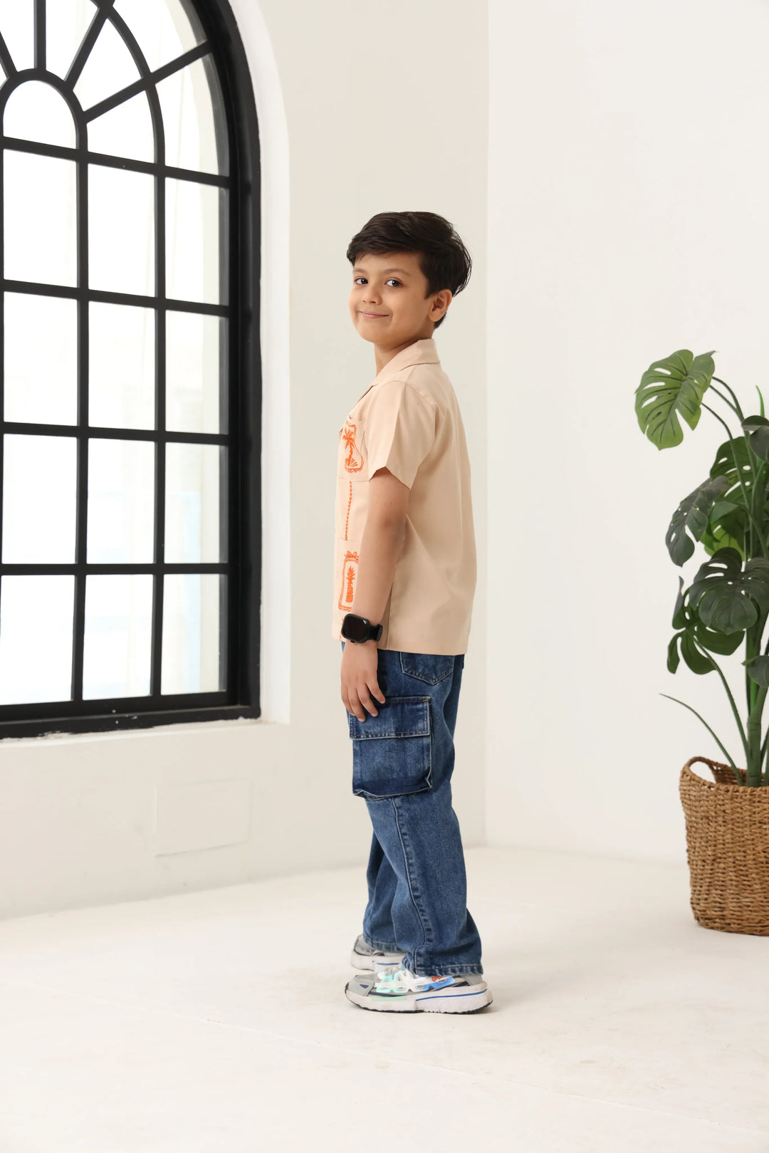 Spunkies Beige Boys Palm Embroidered Cuban Collar Short Sleeves Shirt