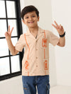 Spunkies Beige Boys Palm Embroidered Cuban Collar Short Sleeves Shirt