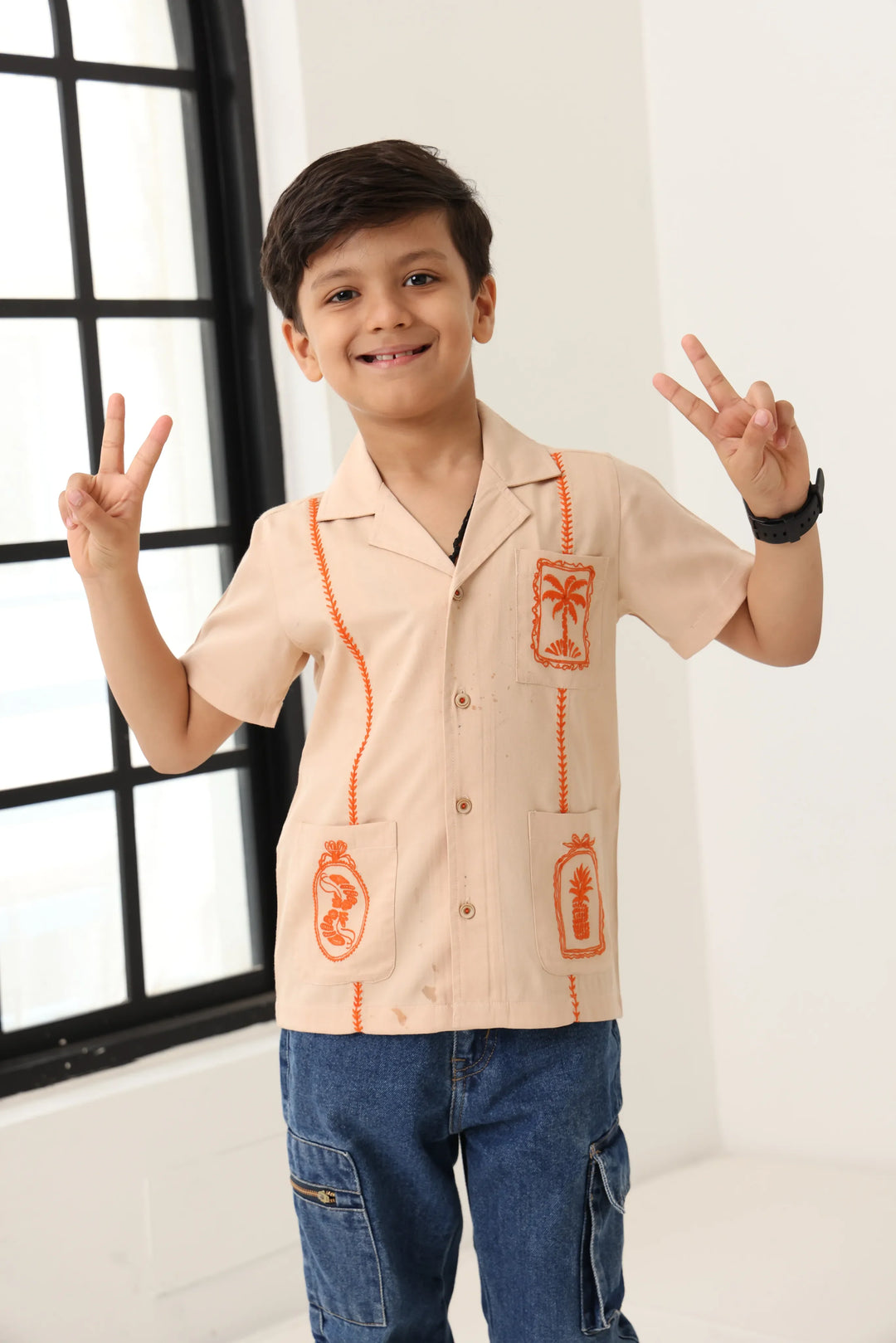 Spunkies Beige Boys Palm Embroidered Cuban Collar Short Sleeves Shirt