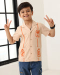 Spunkies Beige Boys Palm Embroidered Cuban Collar Short Sleeves Shirt