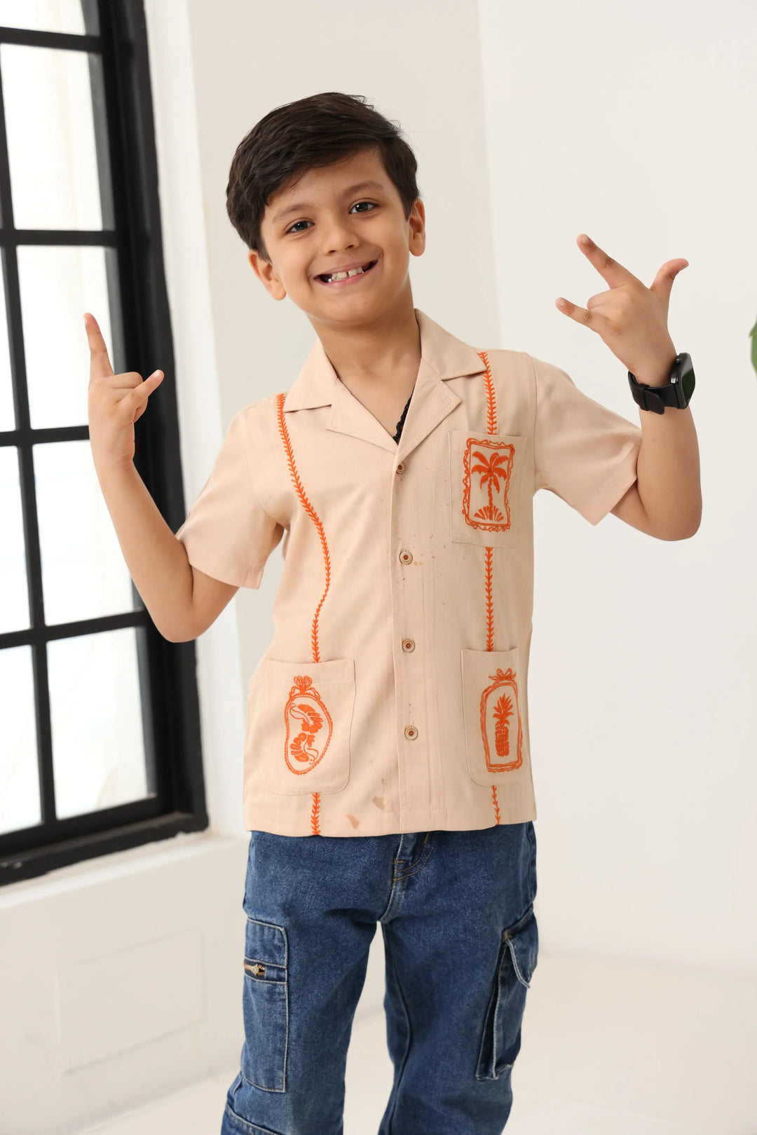 Spunkies Beige Boys Palm Embroidered Cuban Collar Short Sleeves Shirt