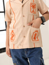 Spunkies Beige Boys Palm Embroidered Cuban Collar Short Sleeves Shirt