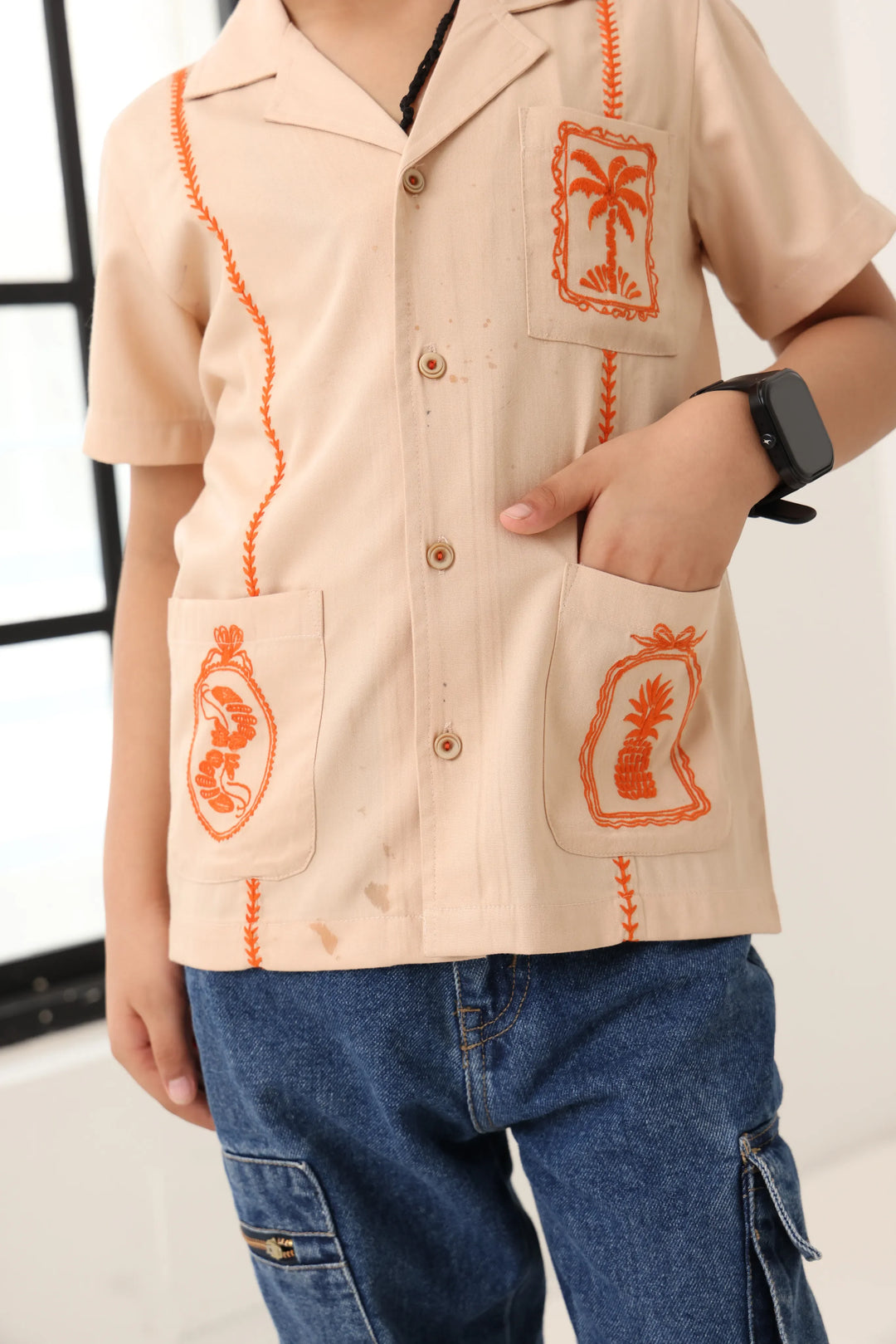 Spunkies Beige Boys Palm Embroidered Cuban Collar Short Sleeves Shirt