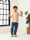 Spunkies Beige Boys Palm Embroidered Cuban Collar Short Sleeves Shirt