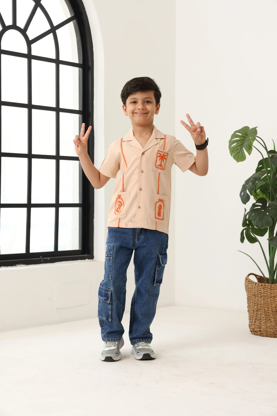 Spunkies Beige Boys Palm Embroidered Cuban Collar Short Sleeves Shirt