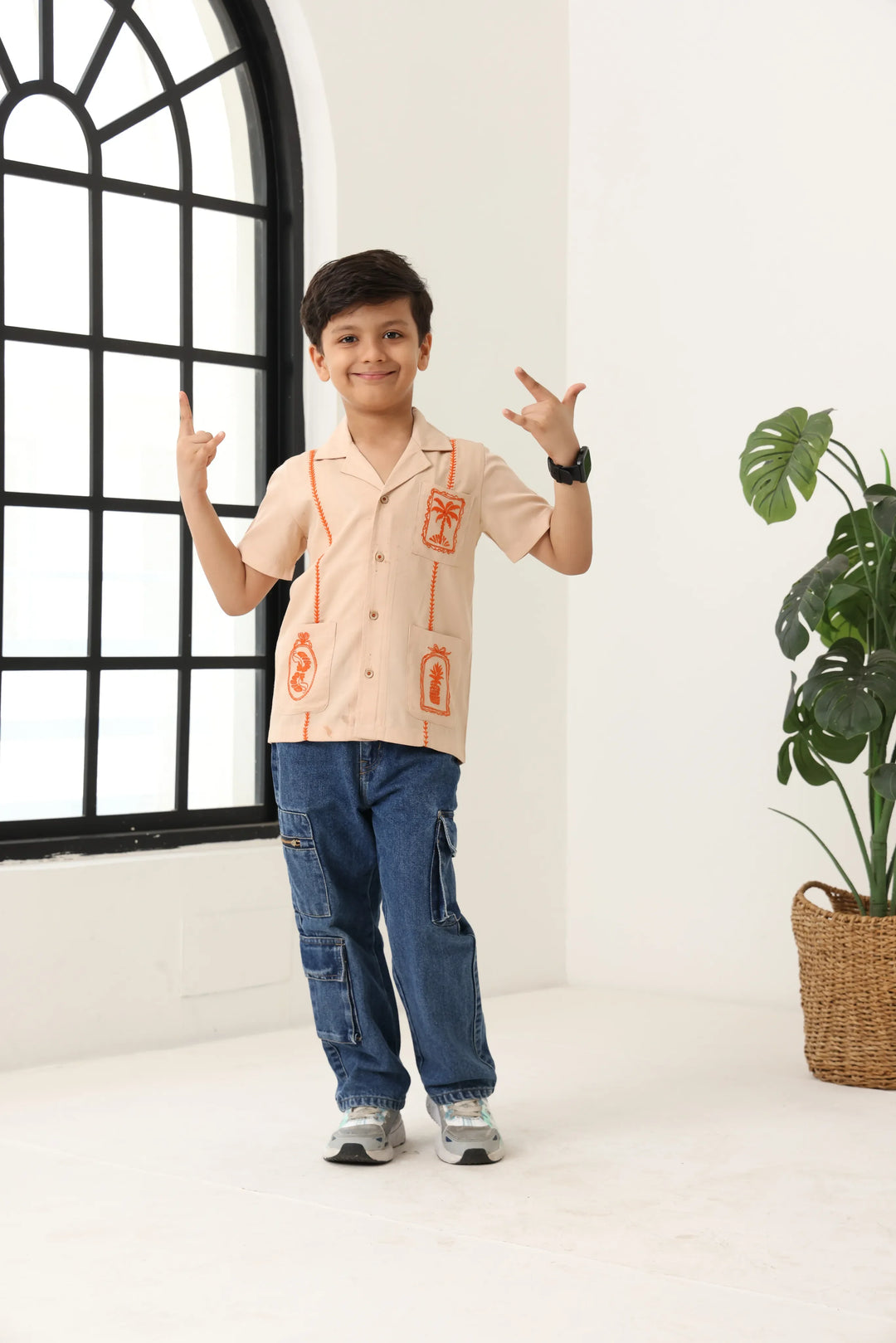 Spunkies Beige Boys Palm Embroidered Cuban Collar Short Sleeves Shirt