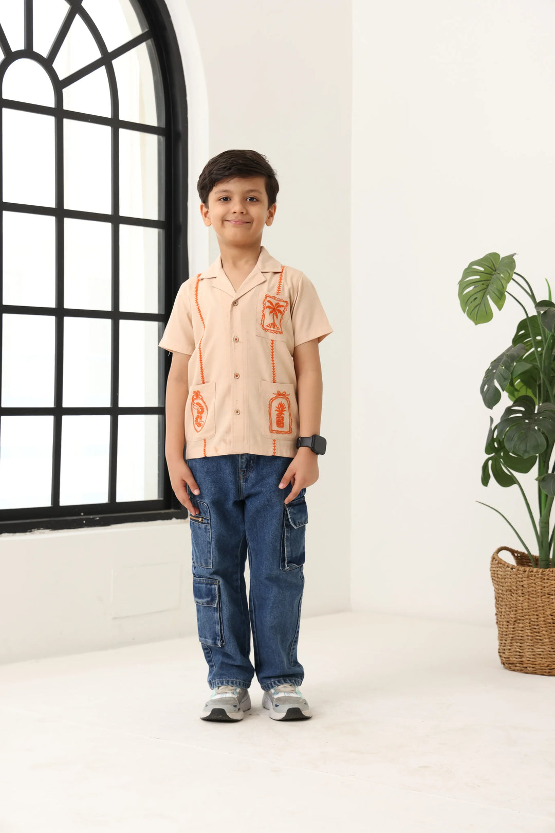 Spunkies Beige Boys Palm Embroidered Cuban Collar Short Sleeves Shirt