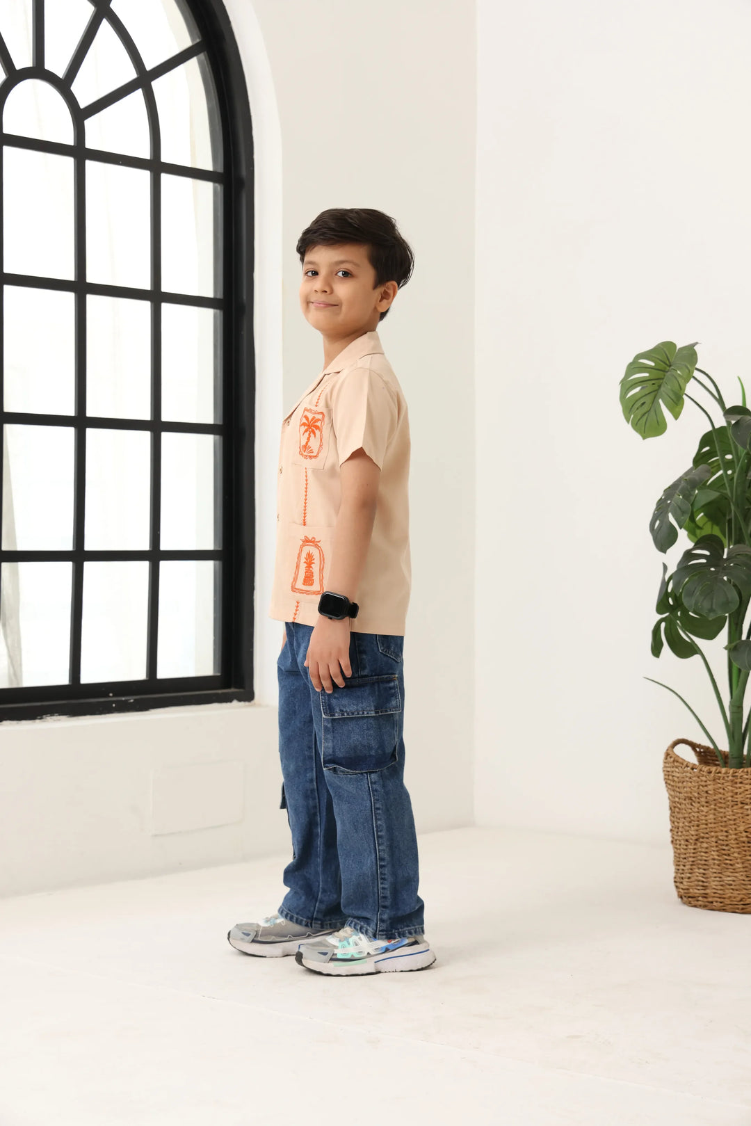 Spunkies Beige Boys Palm Embroidered Cuban Collar Short Sleeves Shirt