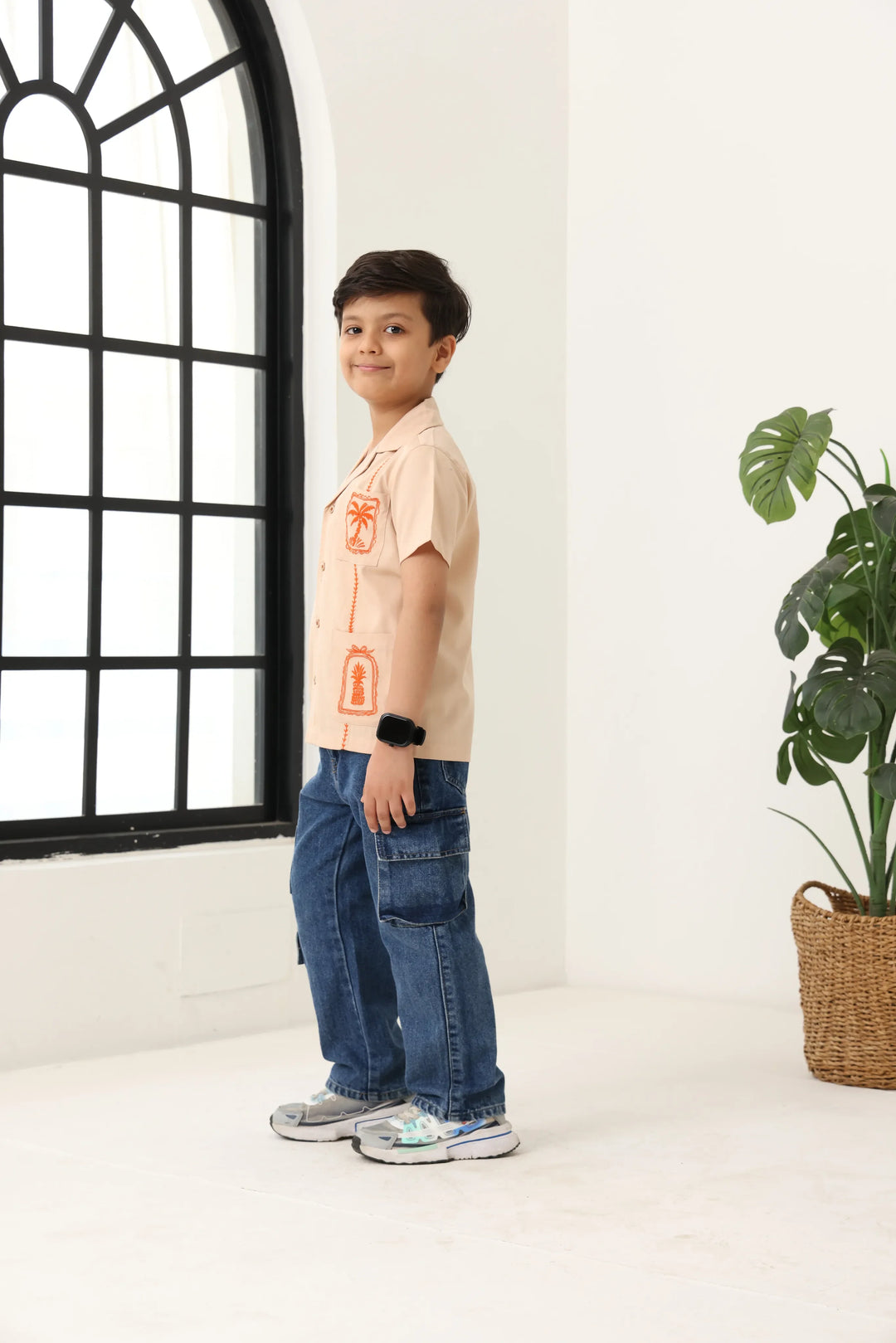Spunkies Beige Boys Palm Embroidered Cuban Collar Short Sleeves Shirt