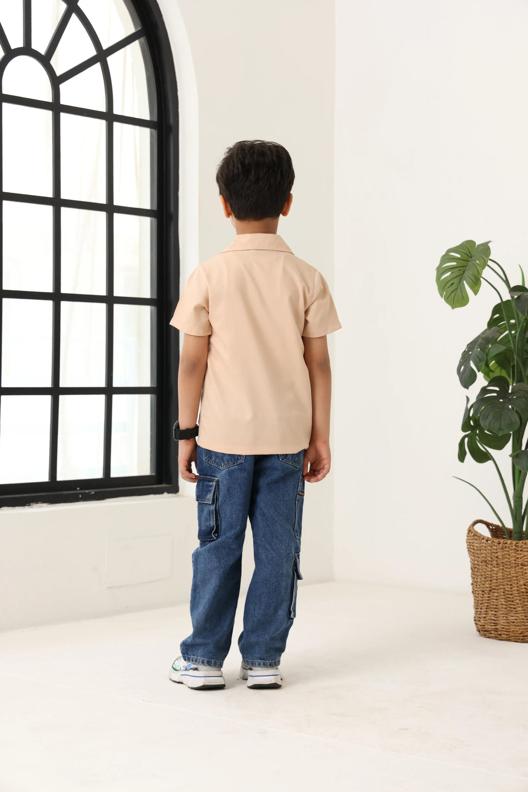 Spunkies Beige Boys Palm Embroidered Cuban Collar Short Sleeves Shirt