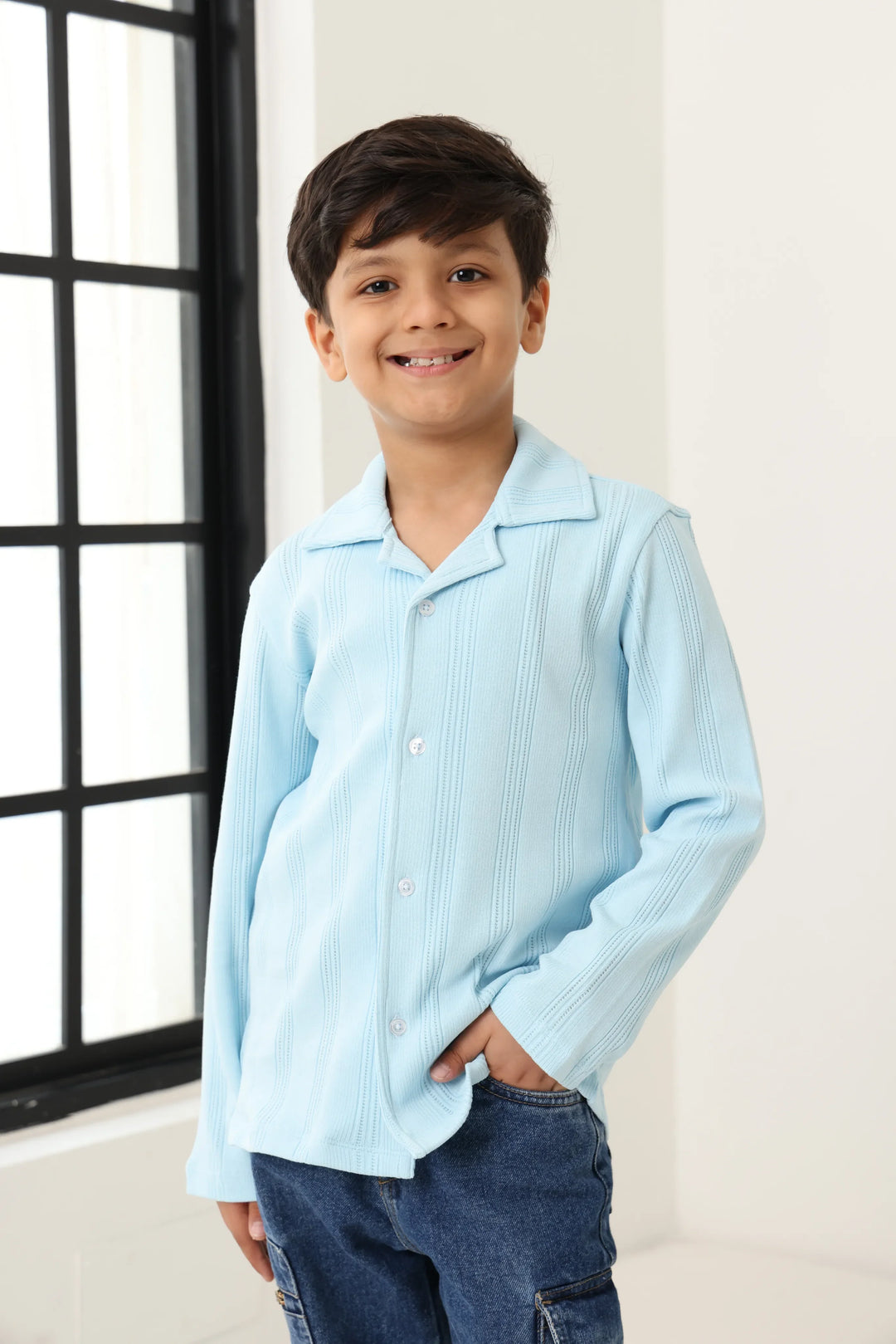 Spunkies Blue Boys Textured Cuban Collar Long Sleeves Shirt