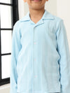 Spunkies Blue Boys Textured Cuban Collar Long Sleeves Shirt