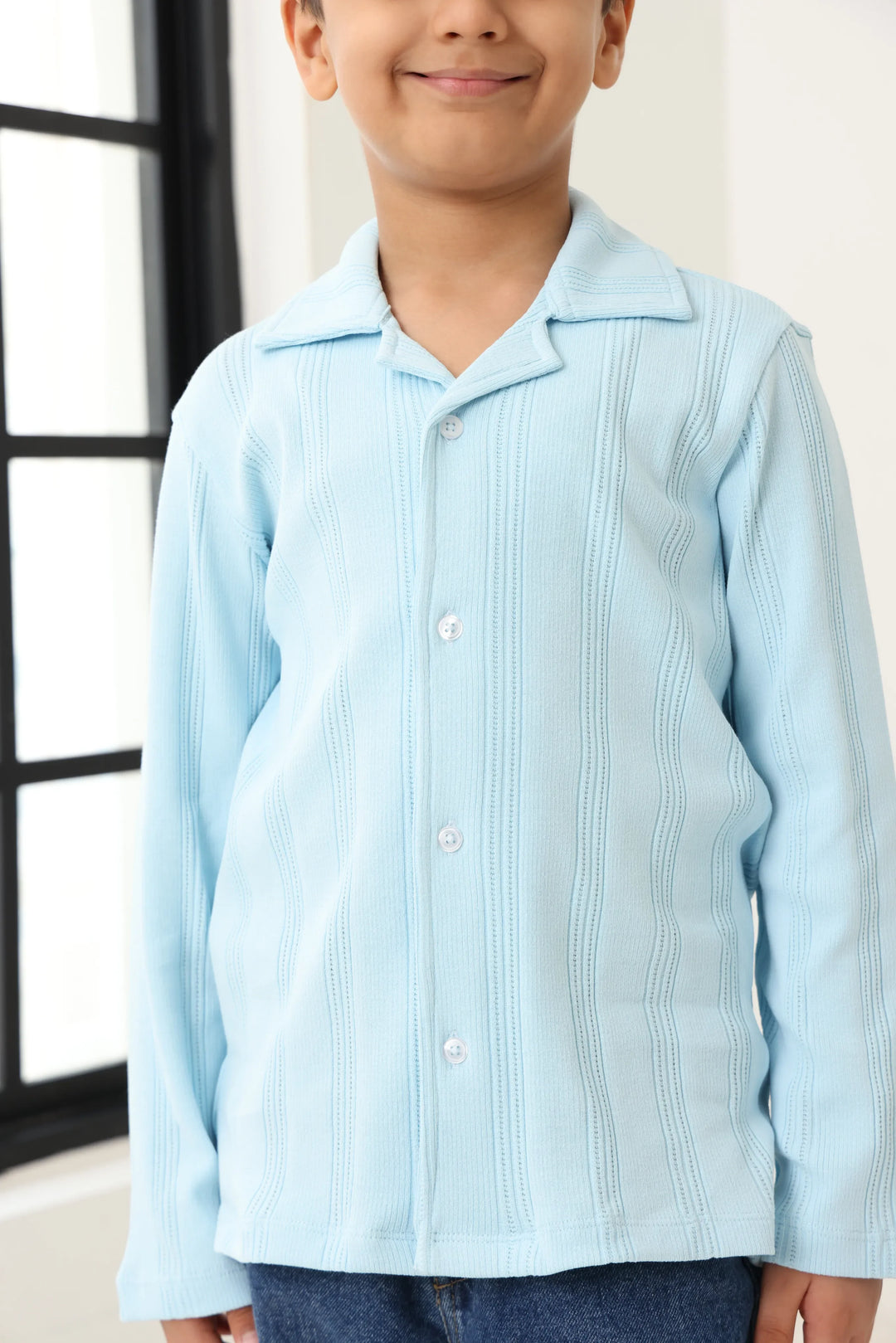 Spunkies Blue Boys Textured Cuban Collar Long Sleeves Shirt