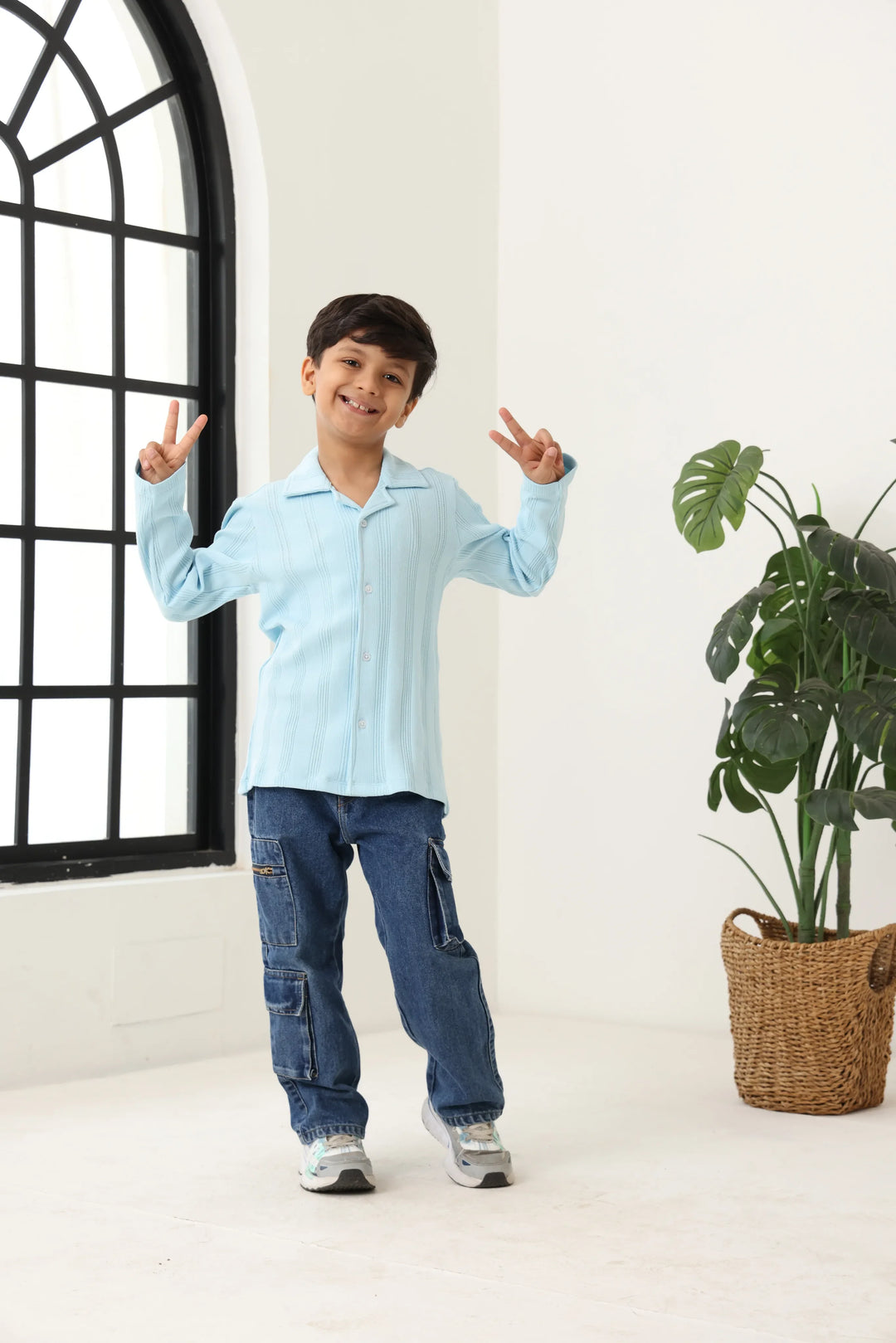 Spunkies Blue Boys Textured Cuban Collar Long Sleeves Shirt