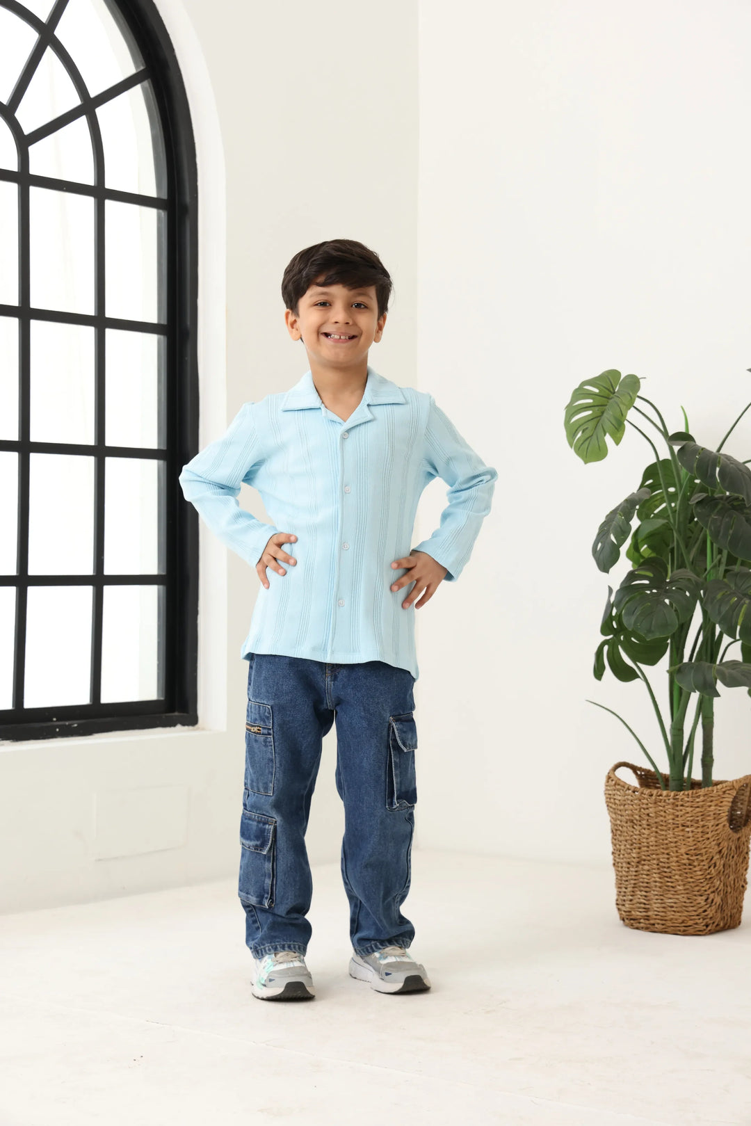 Spunkies Blue Boys Textured Cuban Collar Long Sleeves Shirt