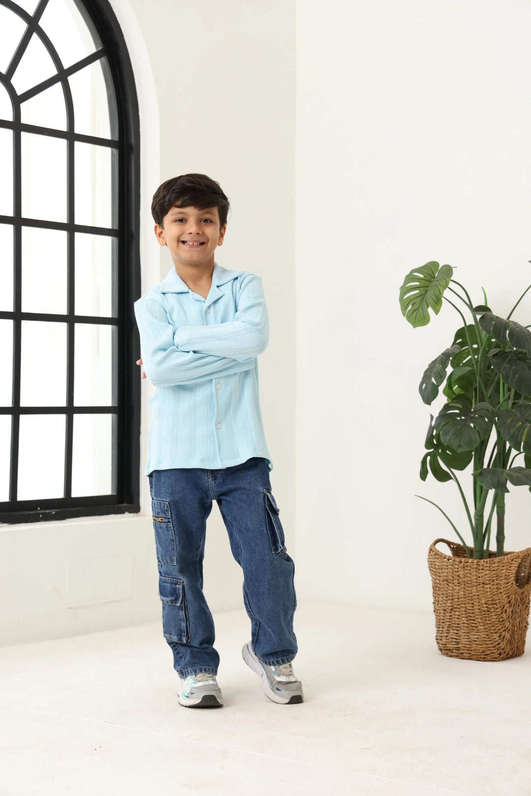Sponkies Shop Spunkies Blue Boys Textured Cuban Collar Long Sleeves Shirt Online