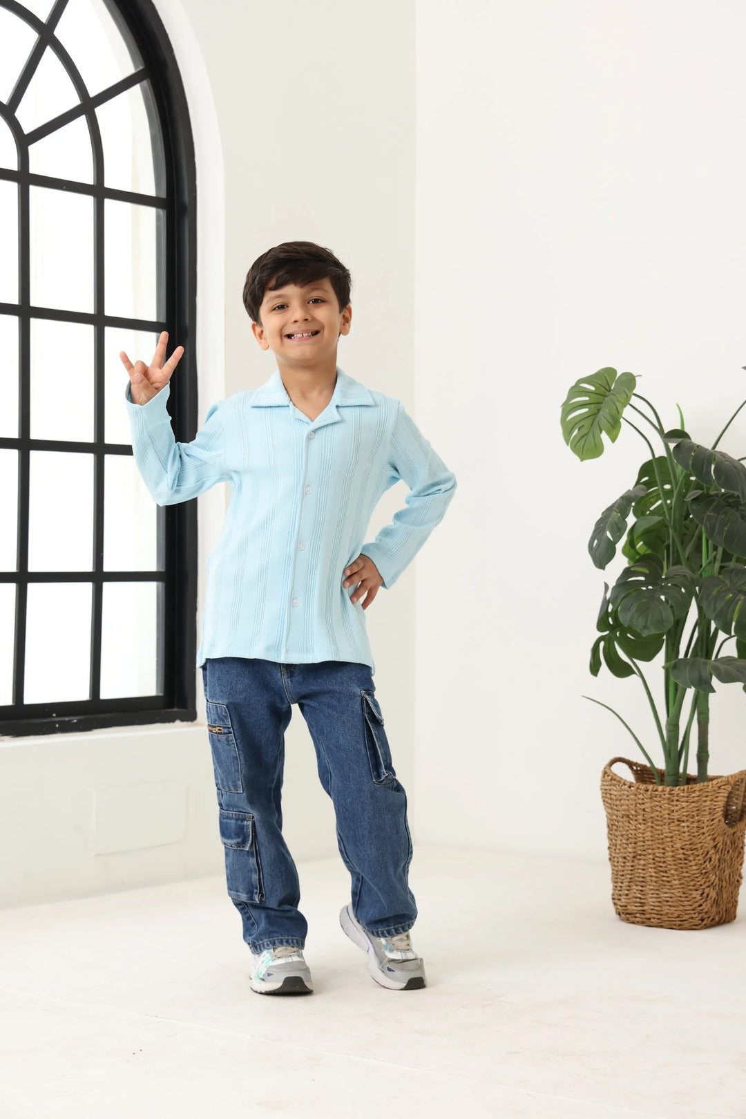 Spunkies Blue Boys Textured Cuban Collar Long Sleeves Shirt