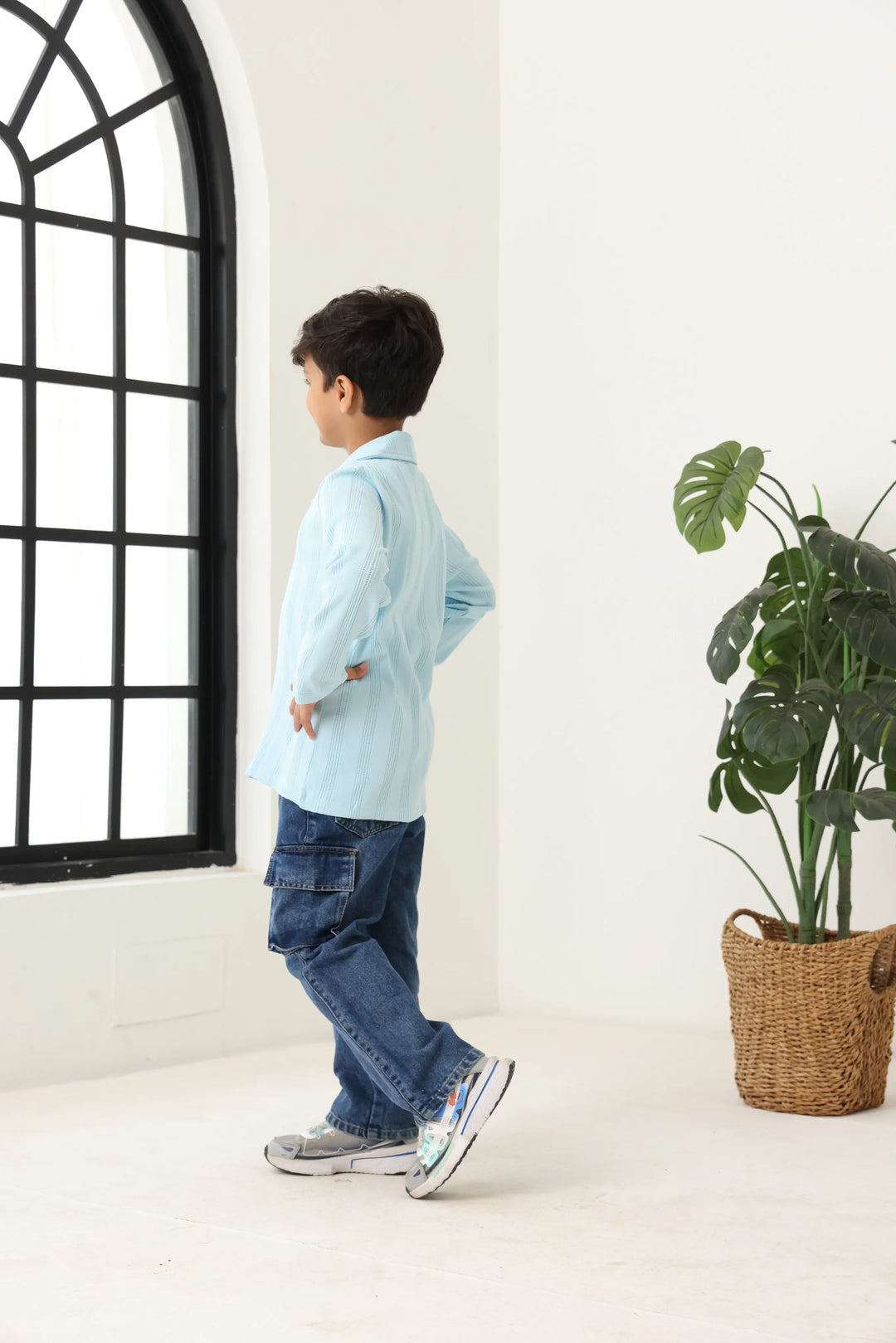 Spunkies Blue Boys Textured Cuban Collar Long Sleeves Shirt