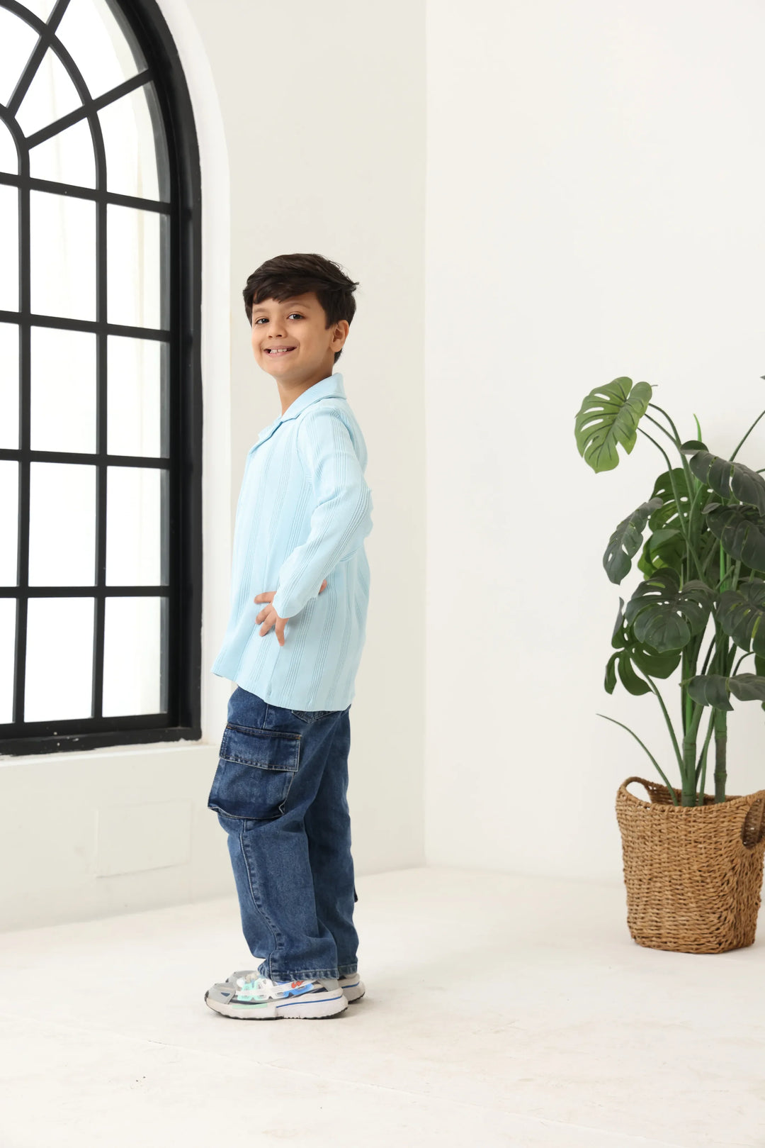 Spunkies Blue Boys Textured Cuban Collar Long Sleeves Shirt