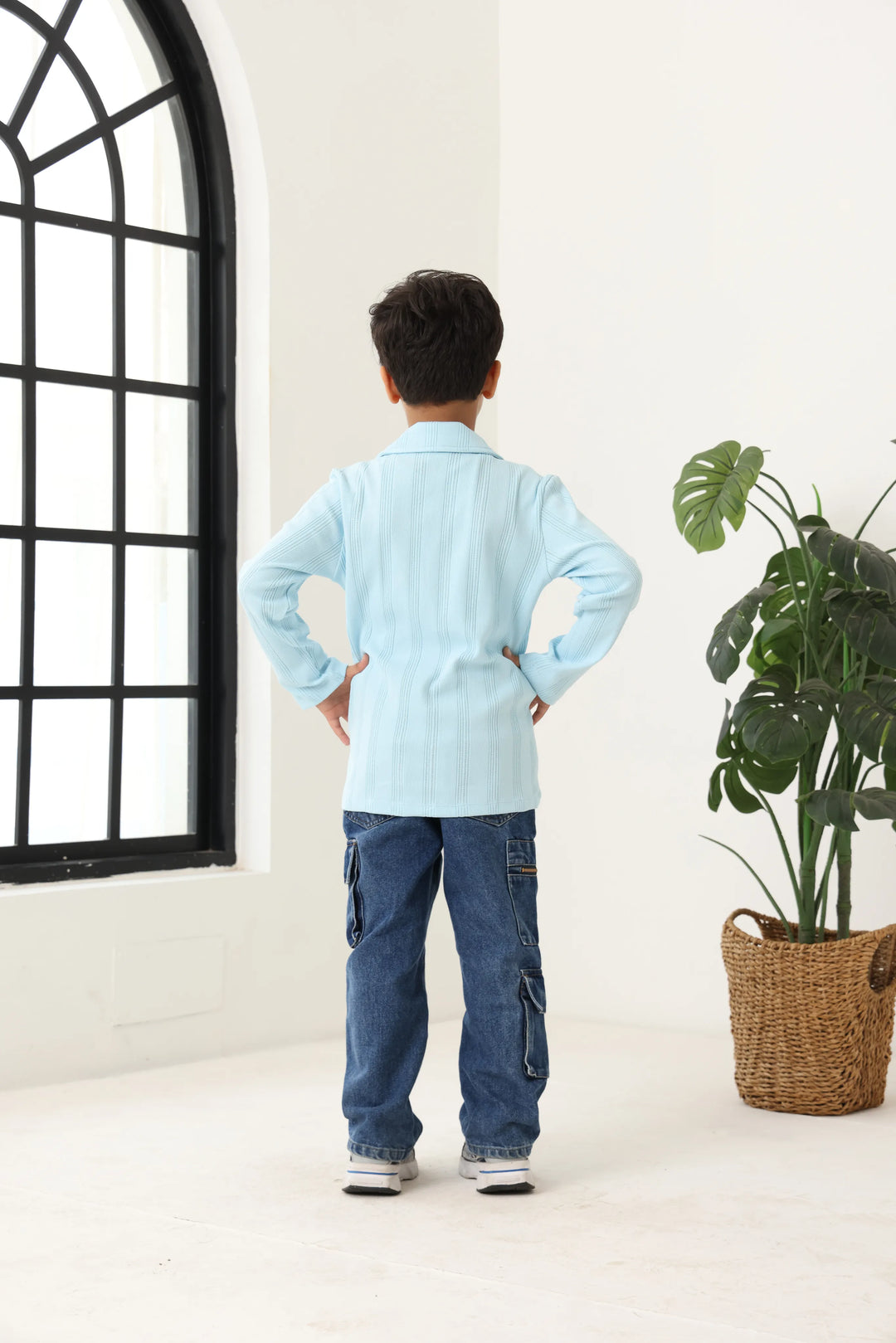 Spunkies Blue Boys Textured Cuban Collar Long Sleeves Shirt