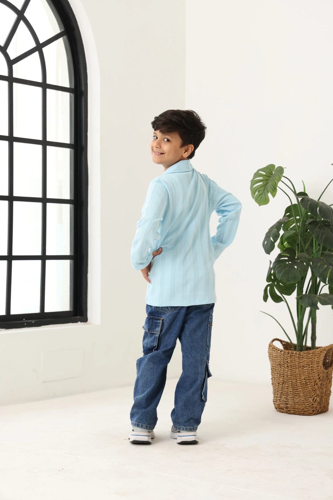 Spunkies Blue Boys Textured Cuban Collar Long Sleeves Shirt