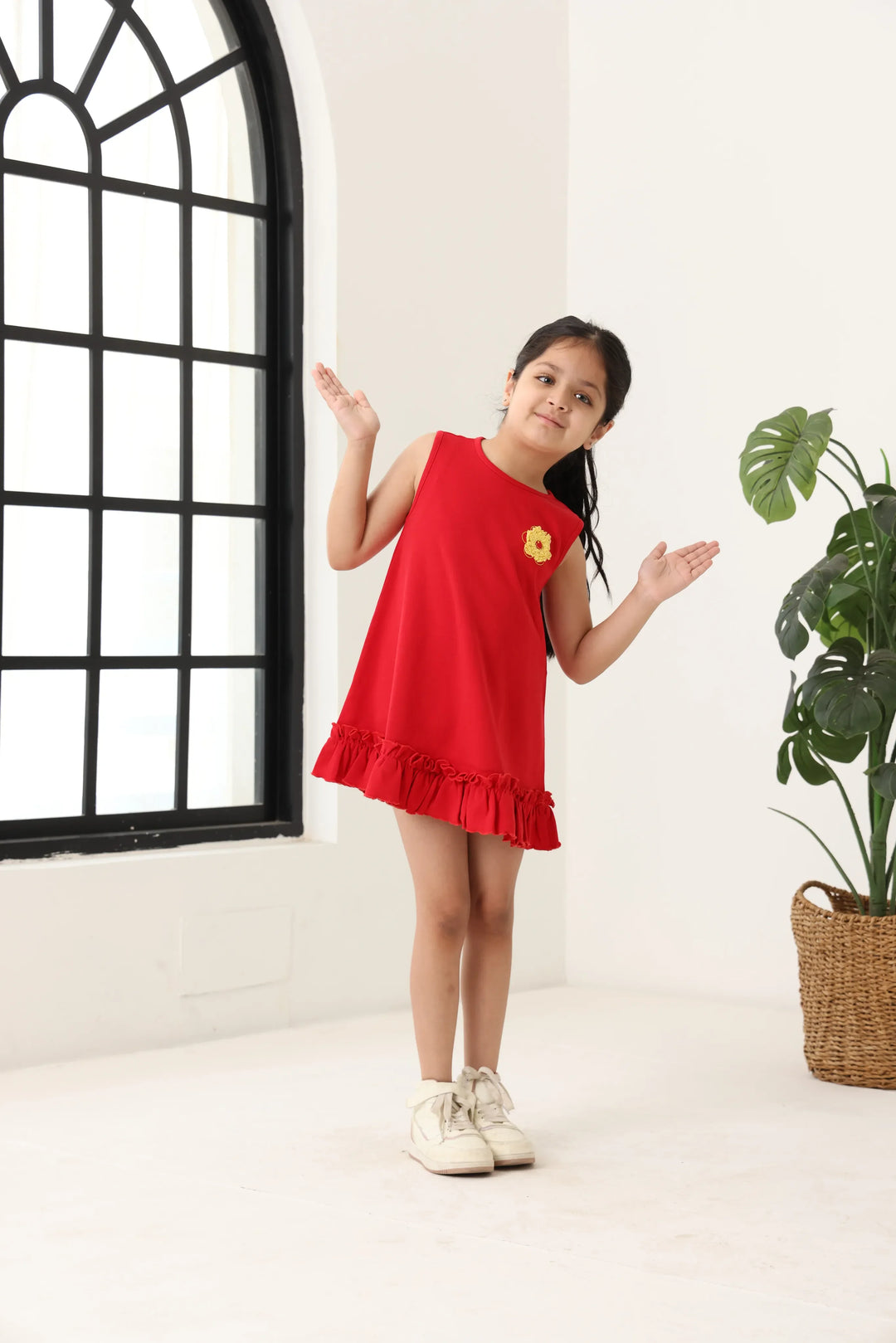 Red Cotton Sleeveless Ruffle Hem Dress