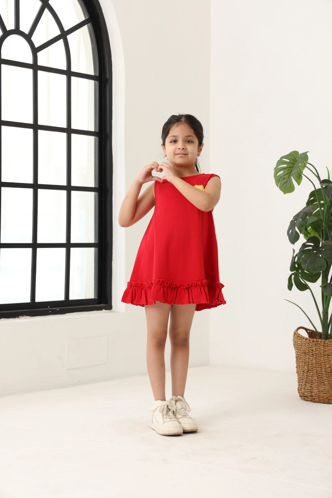 Red Cotton Sleeveless Ruffle Hem Dress
