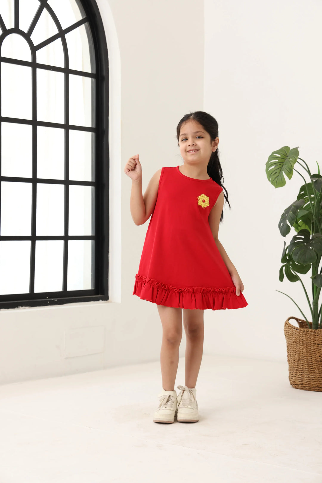Red Cotton Sleeveless Ruffle Hem Dress