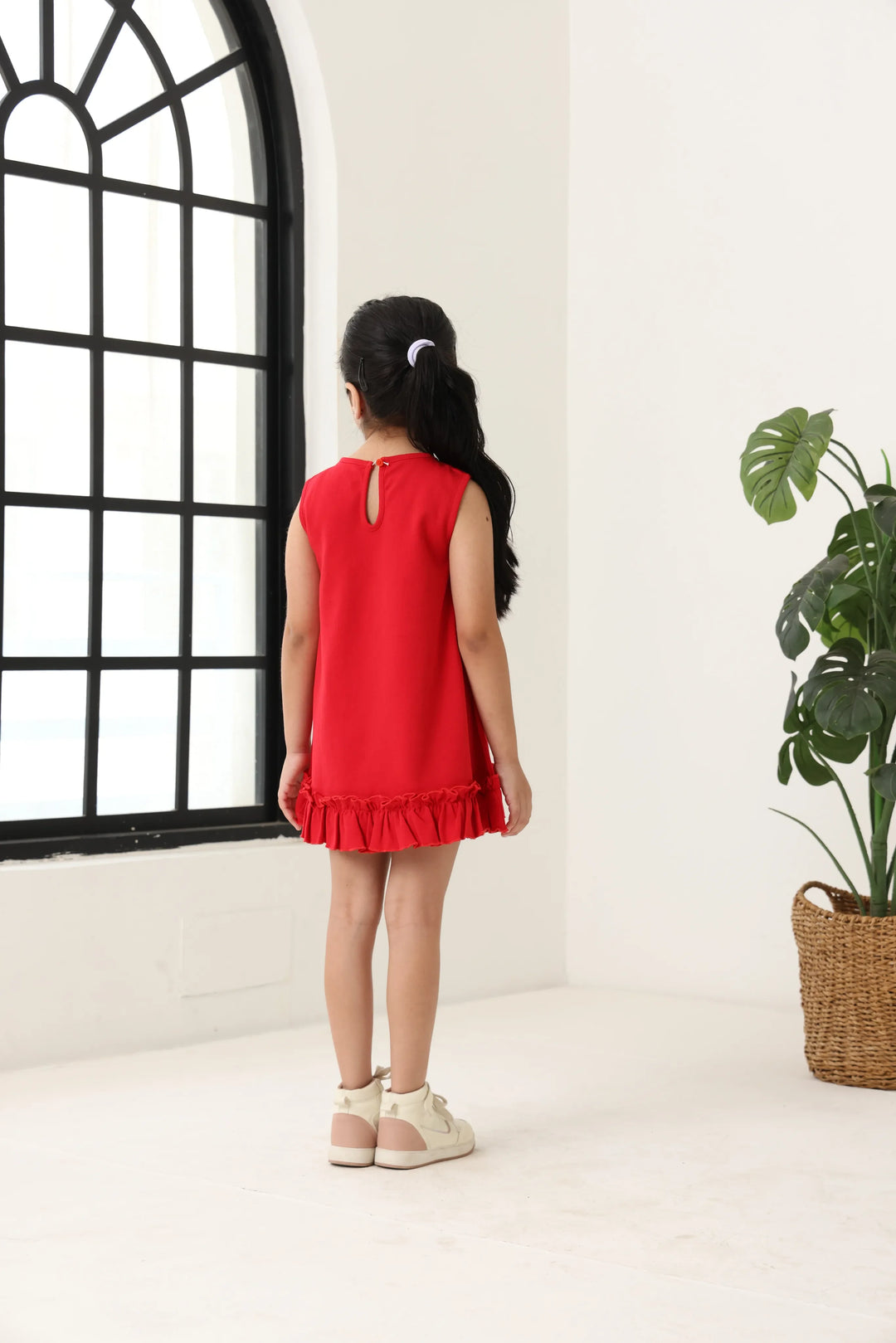 Red Cotton Sleeveless Ruffle Hem Dress