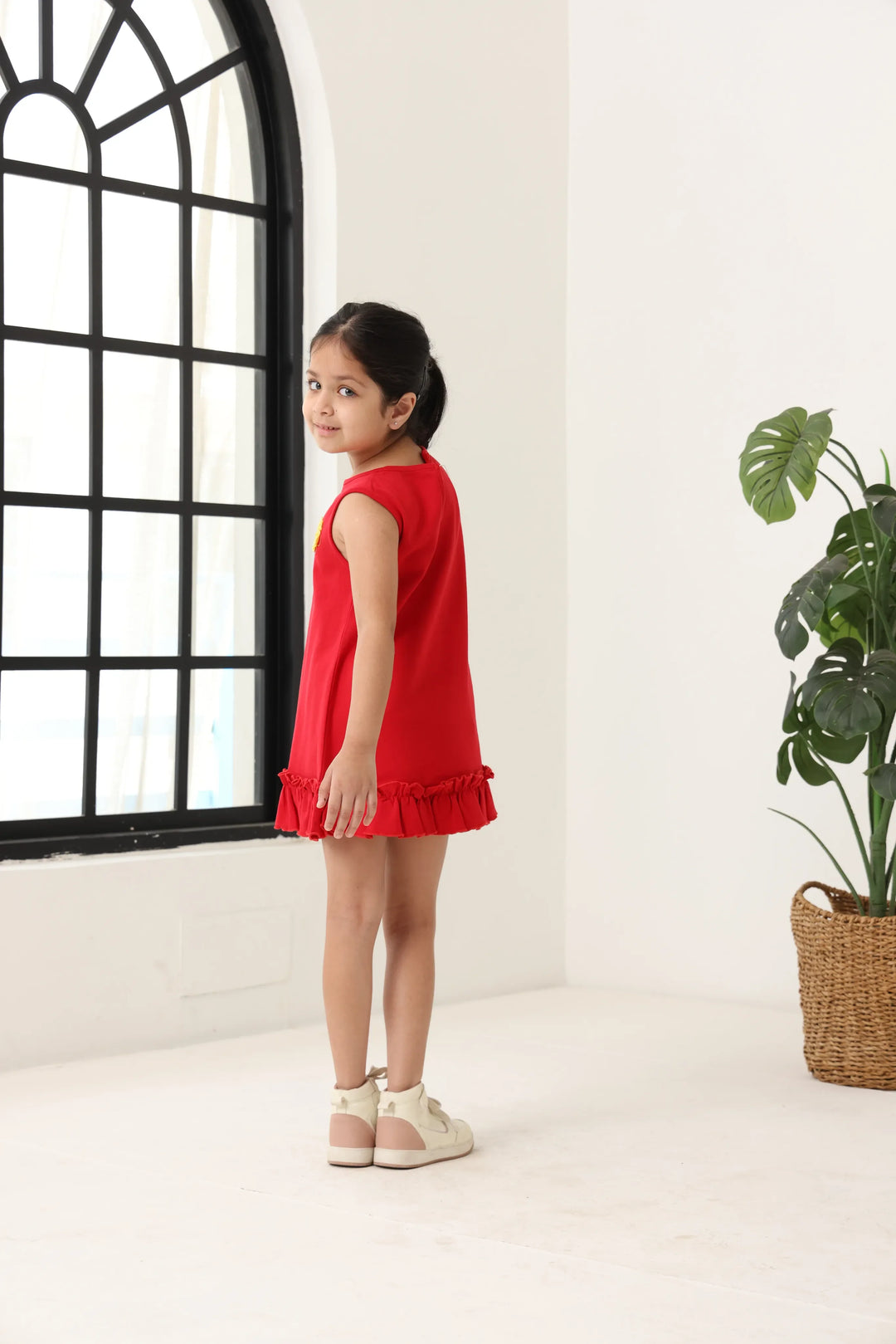 Red Cotton Sleeveless Ruffle Hem Dress