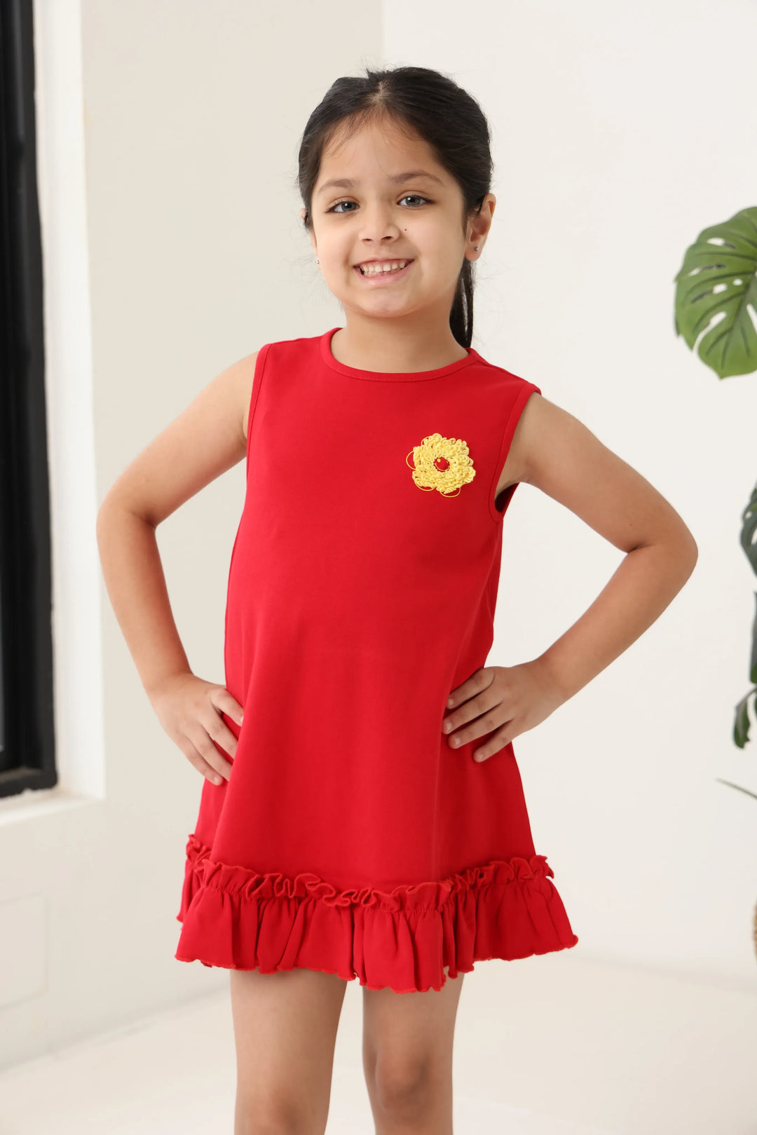 Red Cotton Sleeveless Ruffle Hem Dress