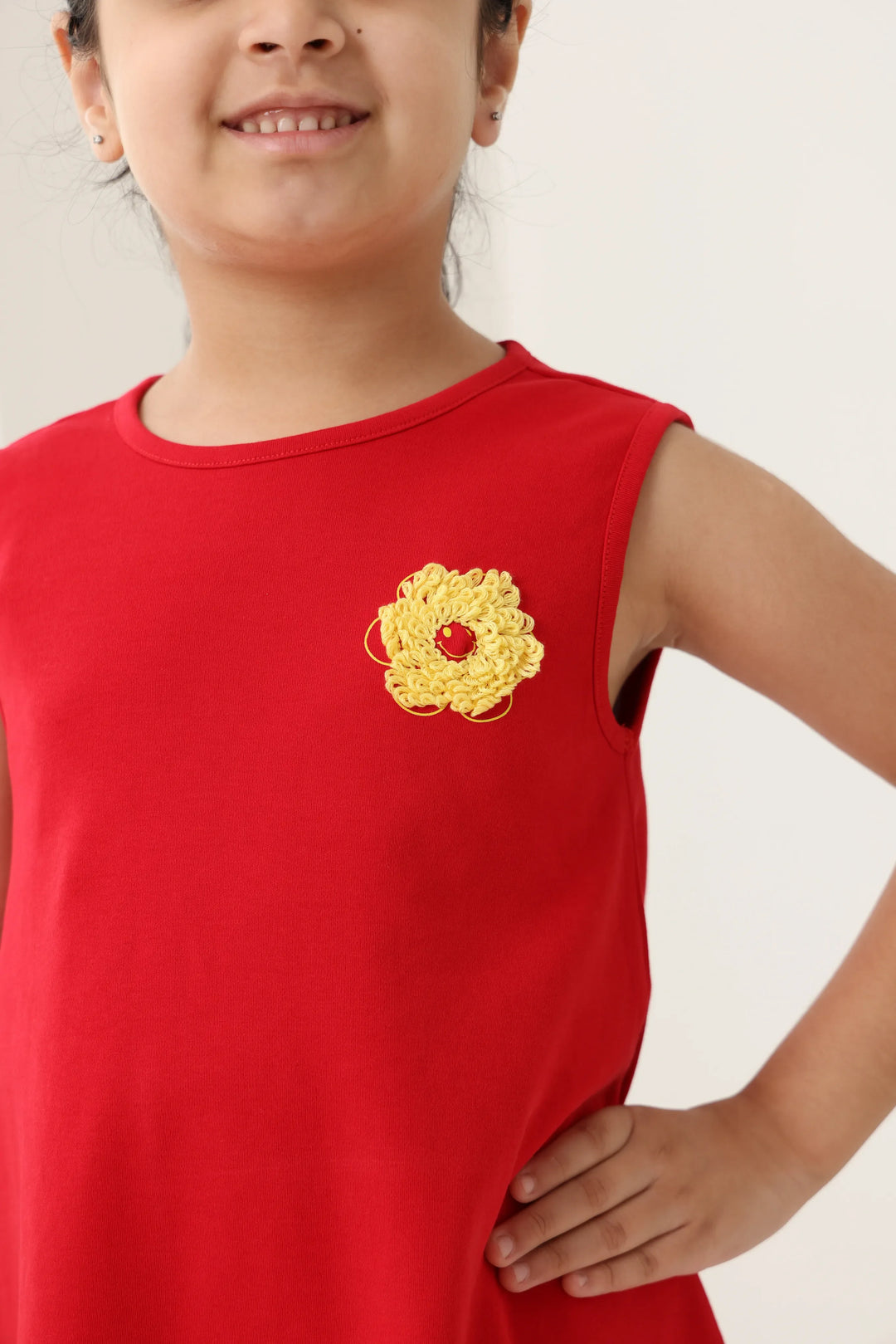Red Cotton Sleeveless Ruffle Hem Dress