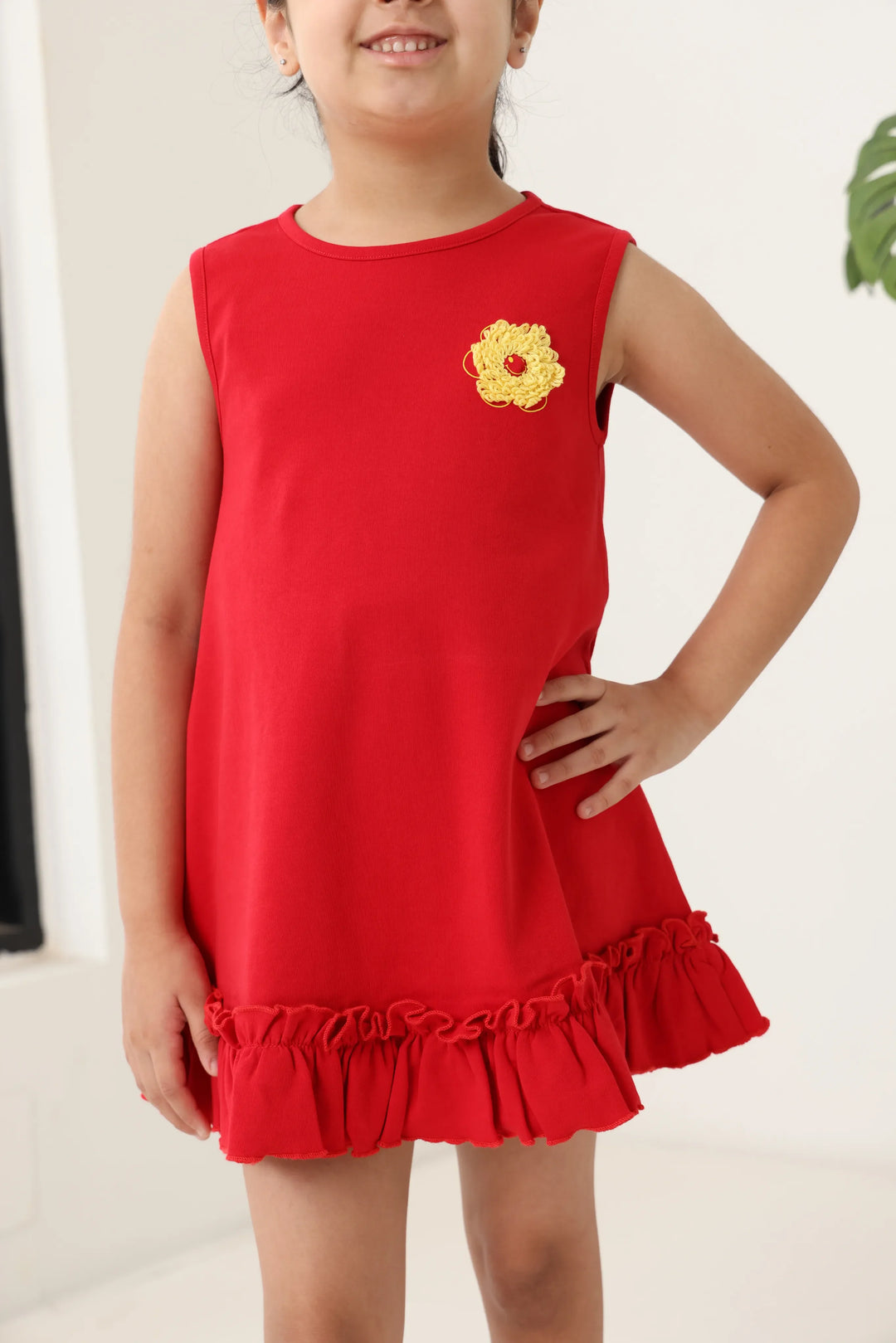 Red Cotton Sleeveless Ruffle Hem Dress