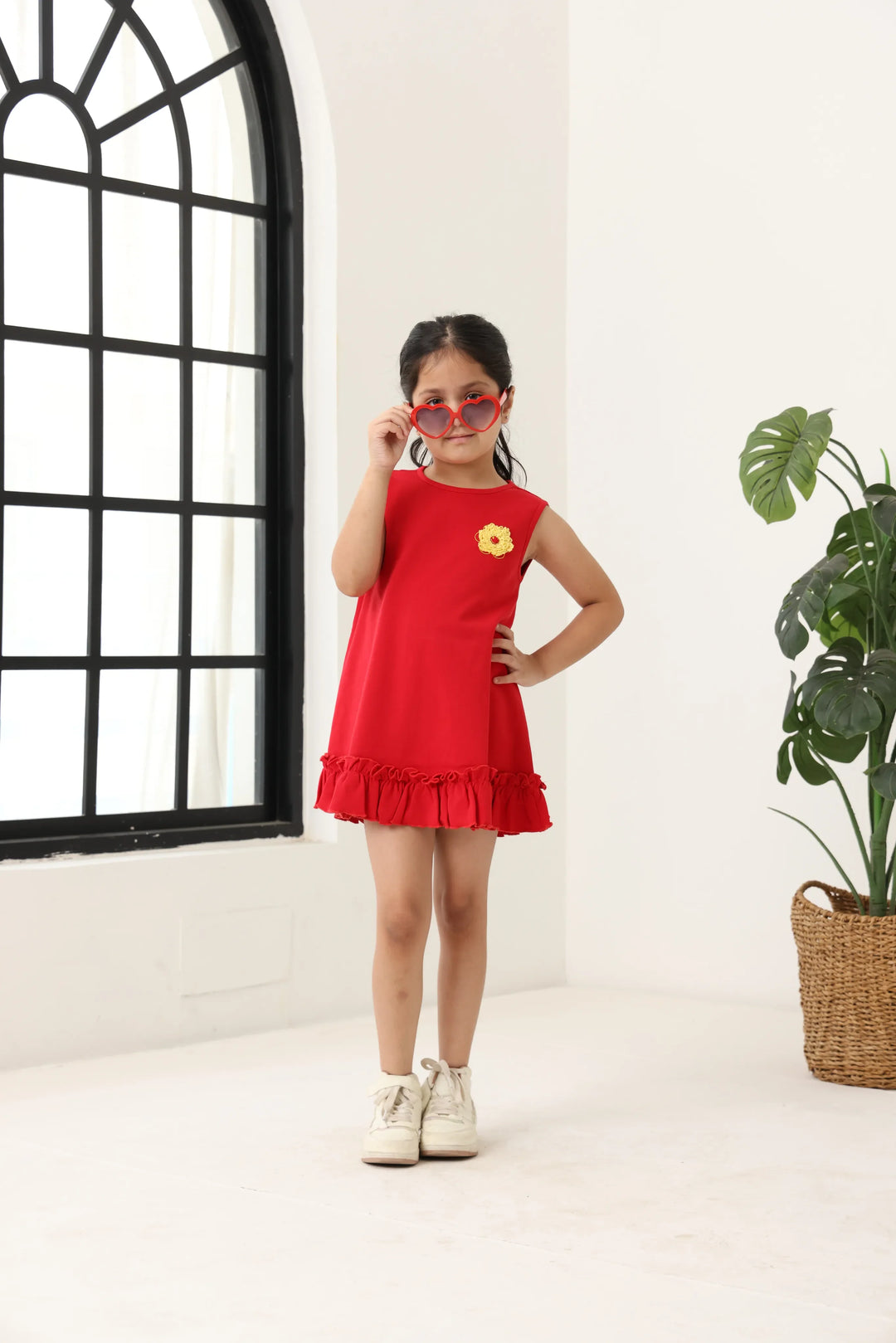 Red Cotton Sleeveless Ruffle Hem Dress