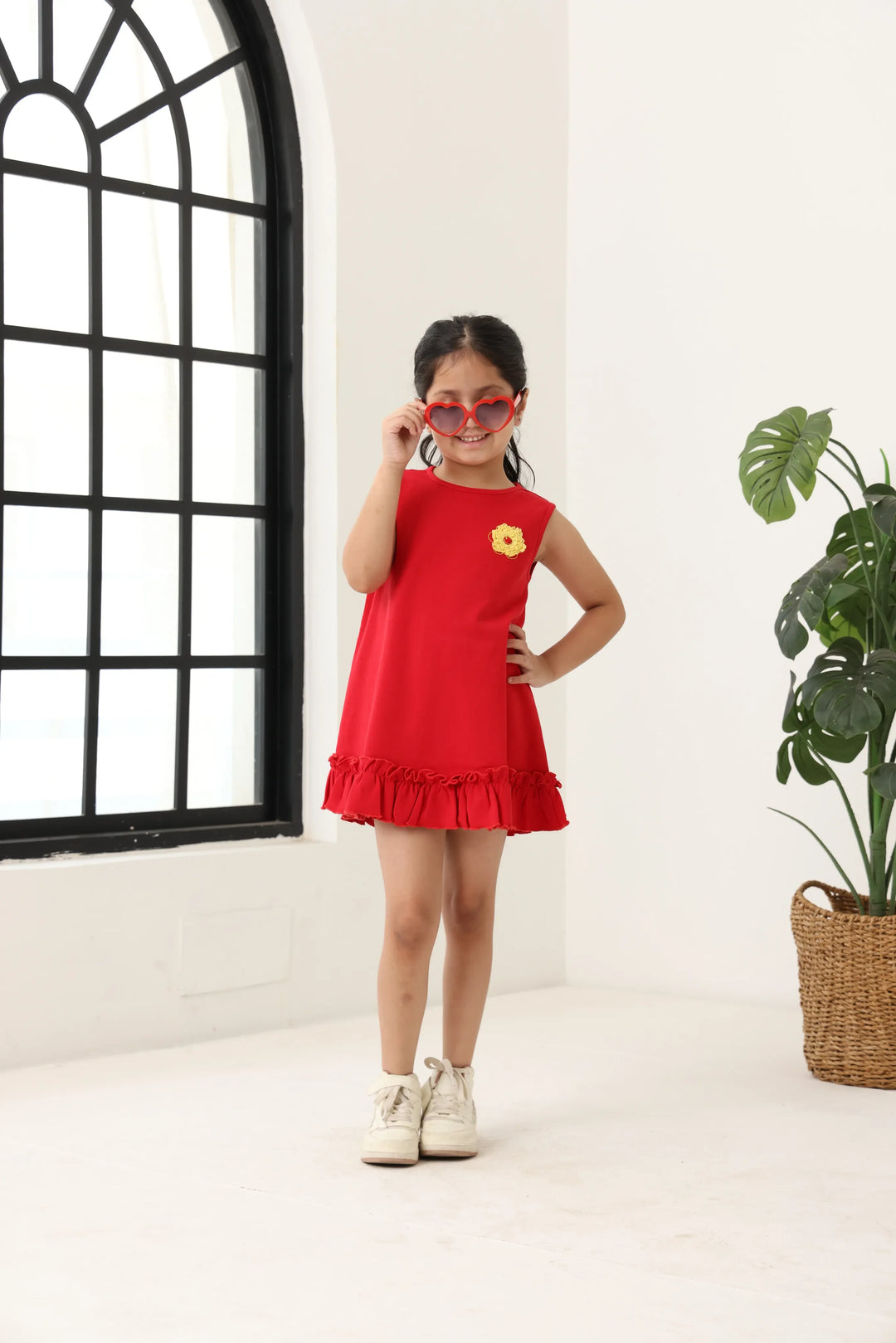 Red Cotton Sleeveless Ruffle Hem Dress