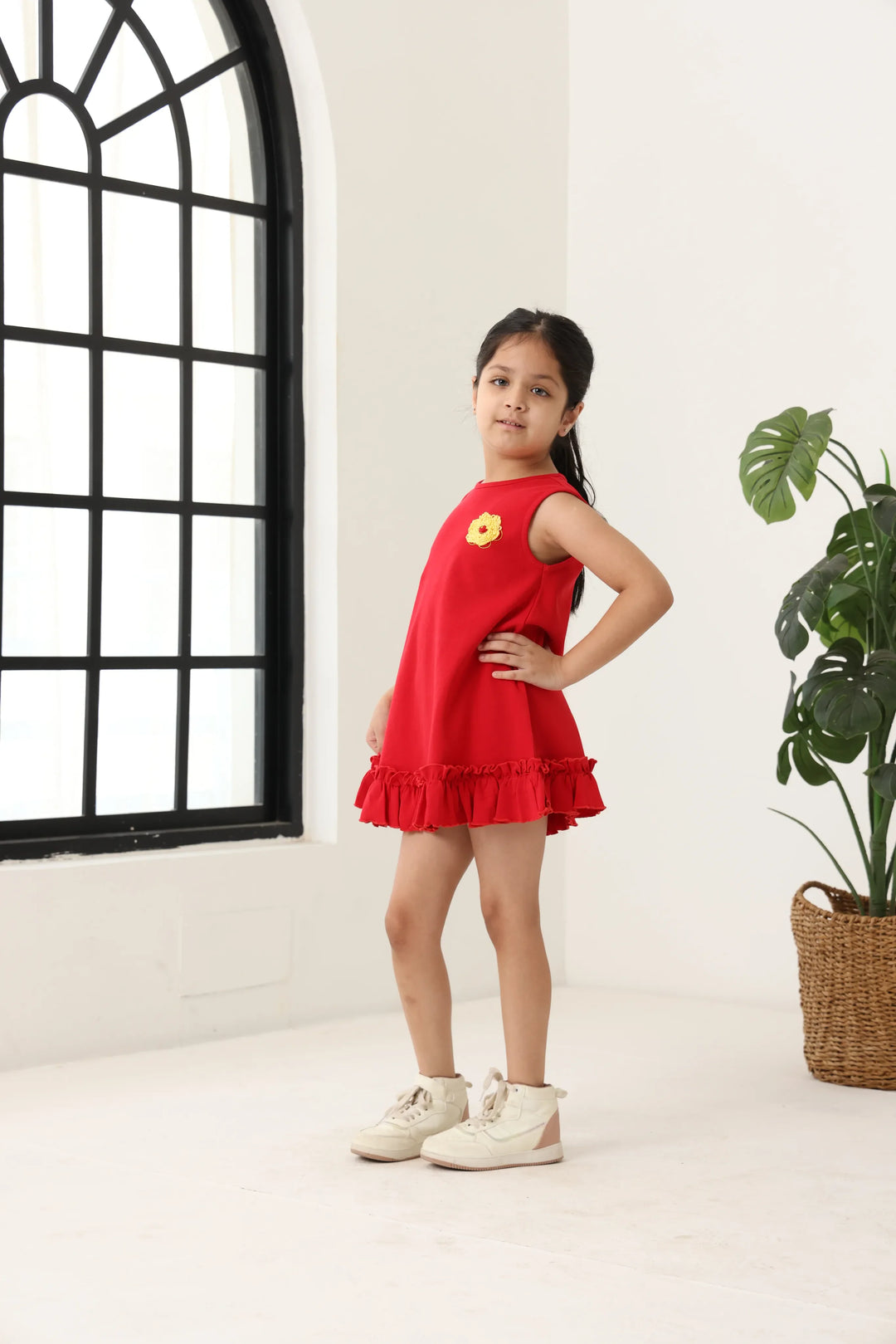Red Cotton Sleeveless Ruffle Hem Dress