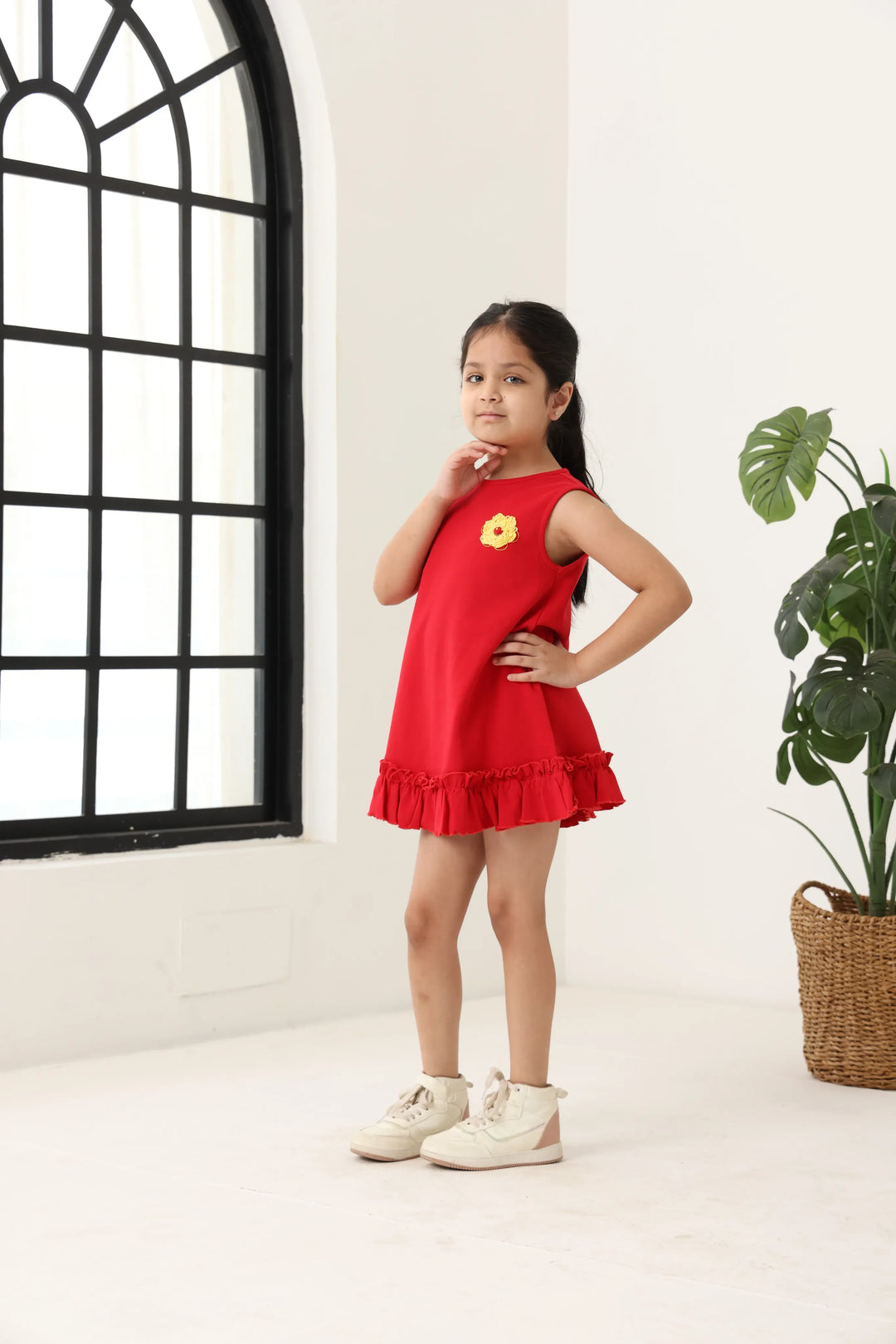 Red Cotton Sleeveless Ruffle Hem Dress