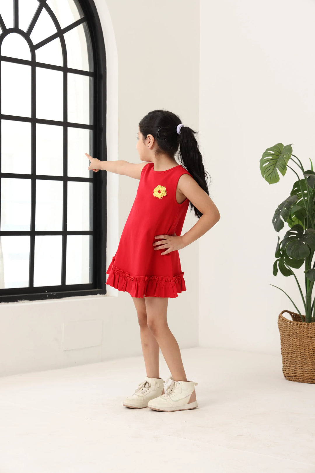 Red Cotton Sleeveless Ruffle Hem Dress