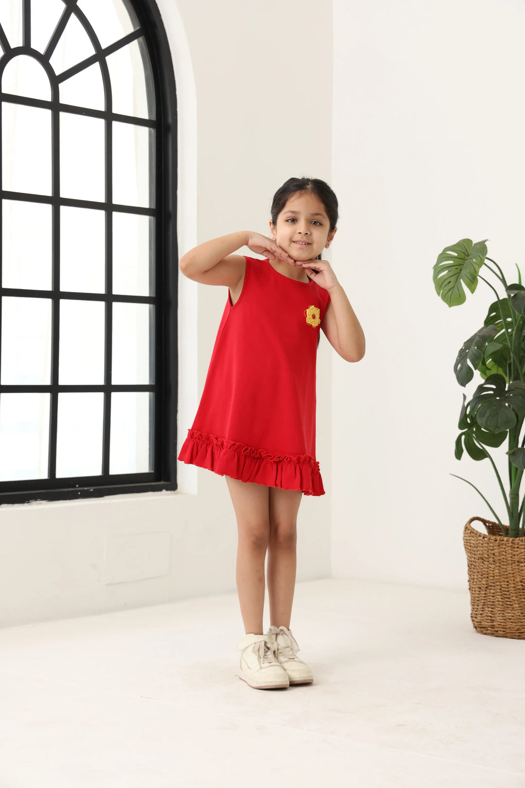 Red Cotton Sleeveless Ruffle Hem Dress