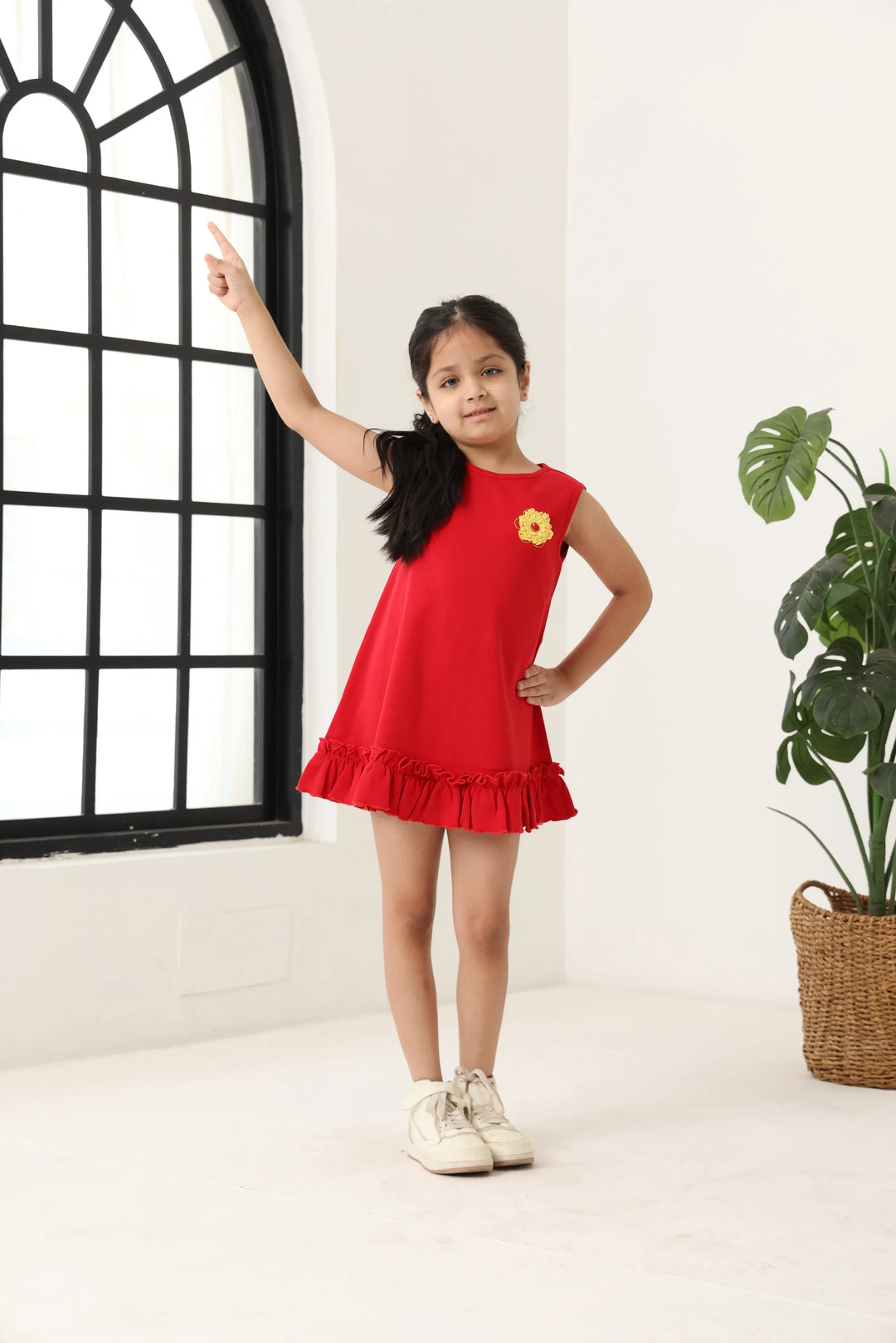 Red Cotton Sleeveless Ruffle Hem Dress