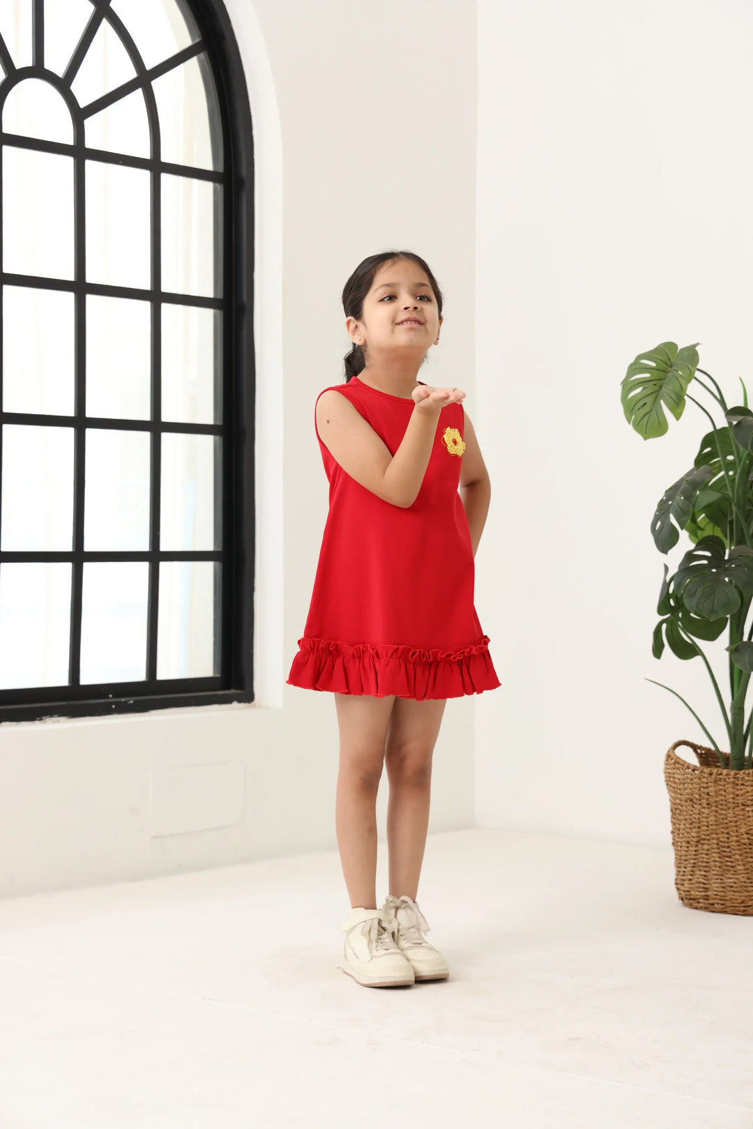 Red Cotton Sleeveless Ruffle Hem Dress