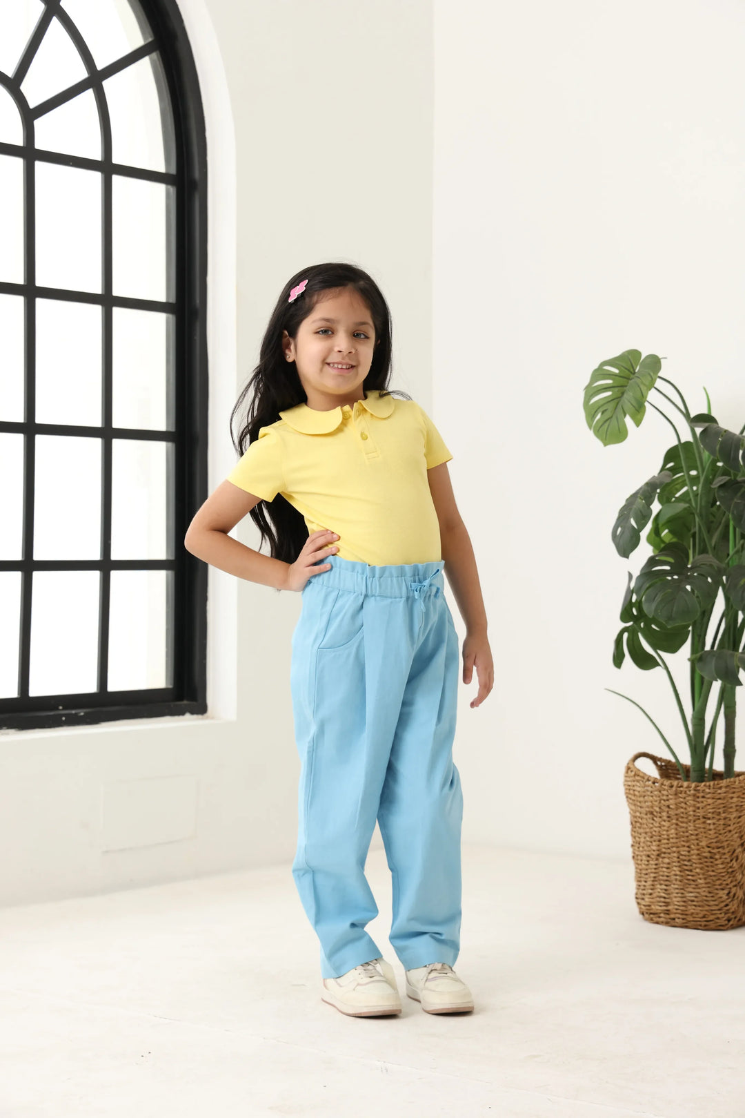 Spunkies Girls Blue Solid Elasticated Waist Single Pleated Trousers