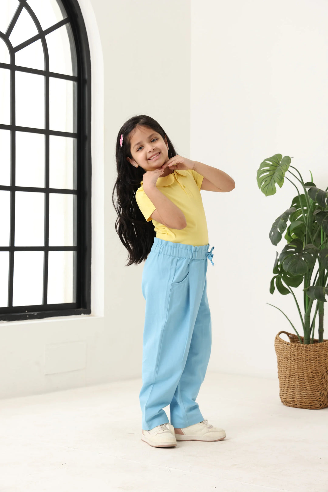 Spunkies Girls Blue Solid Elasticated Waist Single Pleated Trousers